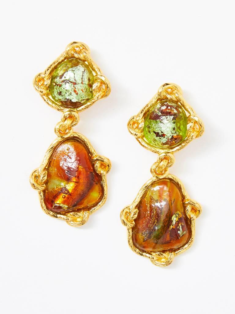 Yves Saint Laurent, Rive Gauche, baroque style, iridescent glass, drop earring having gold knotted detail. C. 1980's