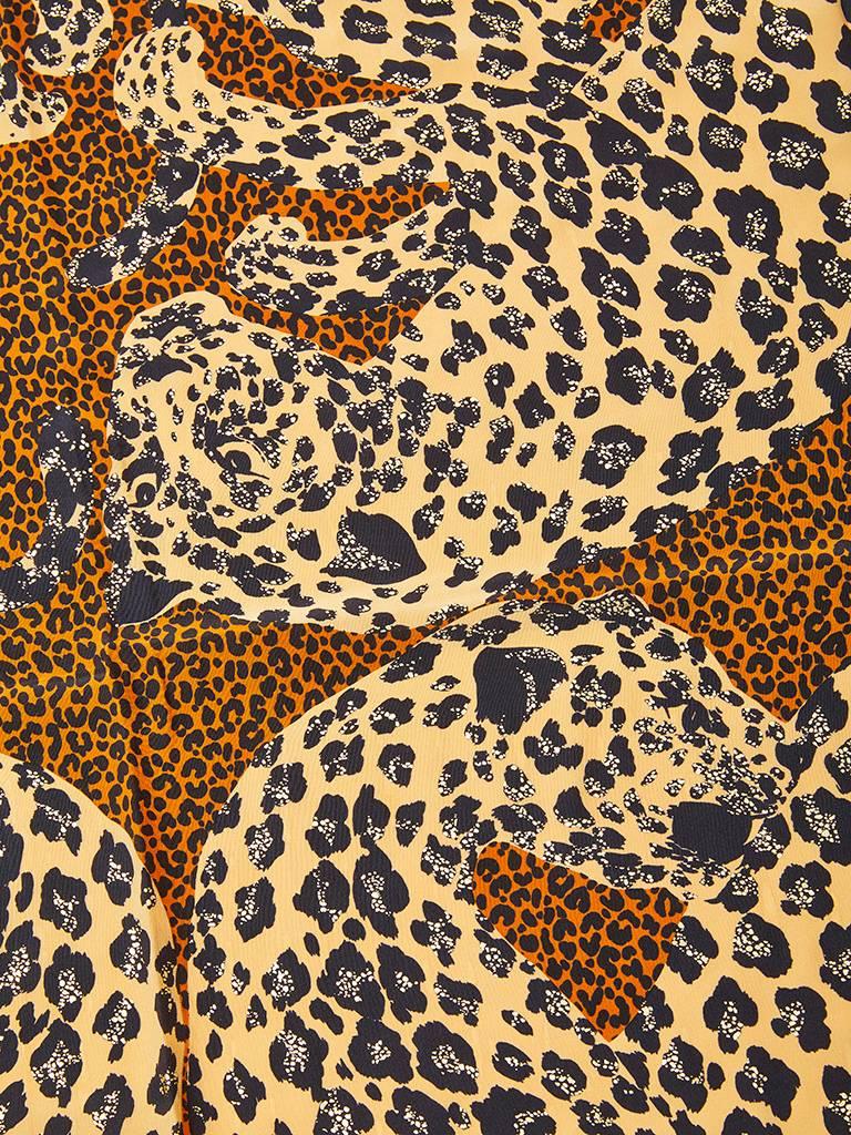 Brown Yves Saint Laurent Leopard Pattern Silk Scarf with Gold Metallic Embellishment