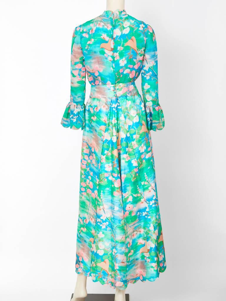 Tina Leser Patterend Maxi Dress with Scalloped Detail In Excellent Condition In New York, NY
