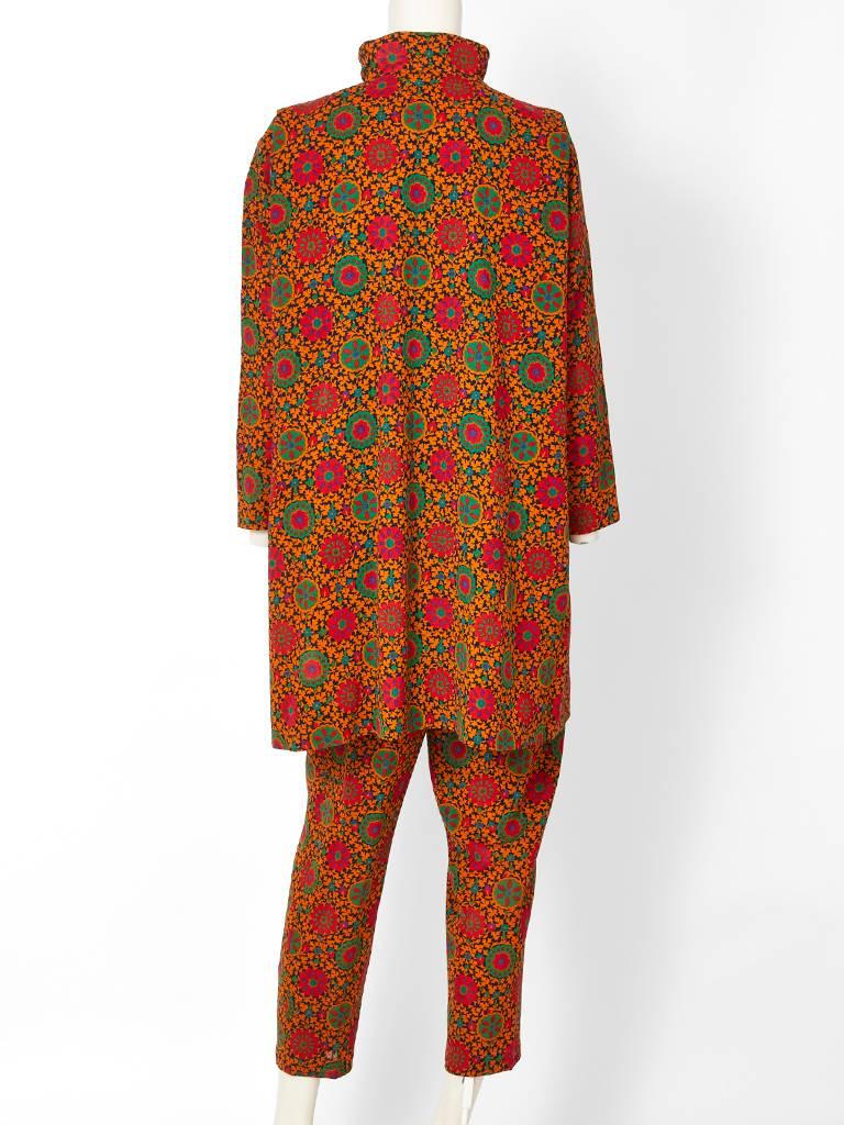 Brown Yves Saint Laurent Wool Challis Patterned Tunic and Pant Ensemble