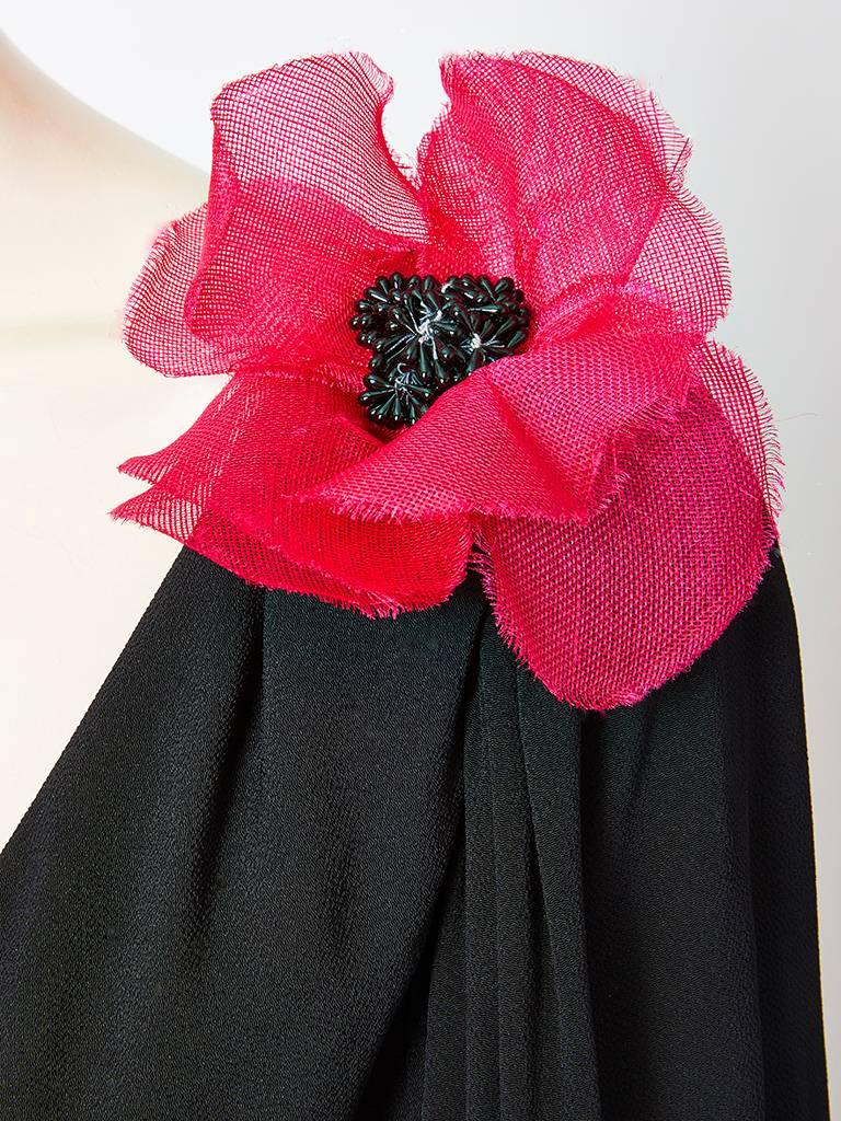 Black Yves Saint Laurent Jersey Dress with Poppy Flower Embellishment