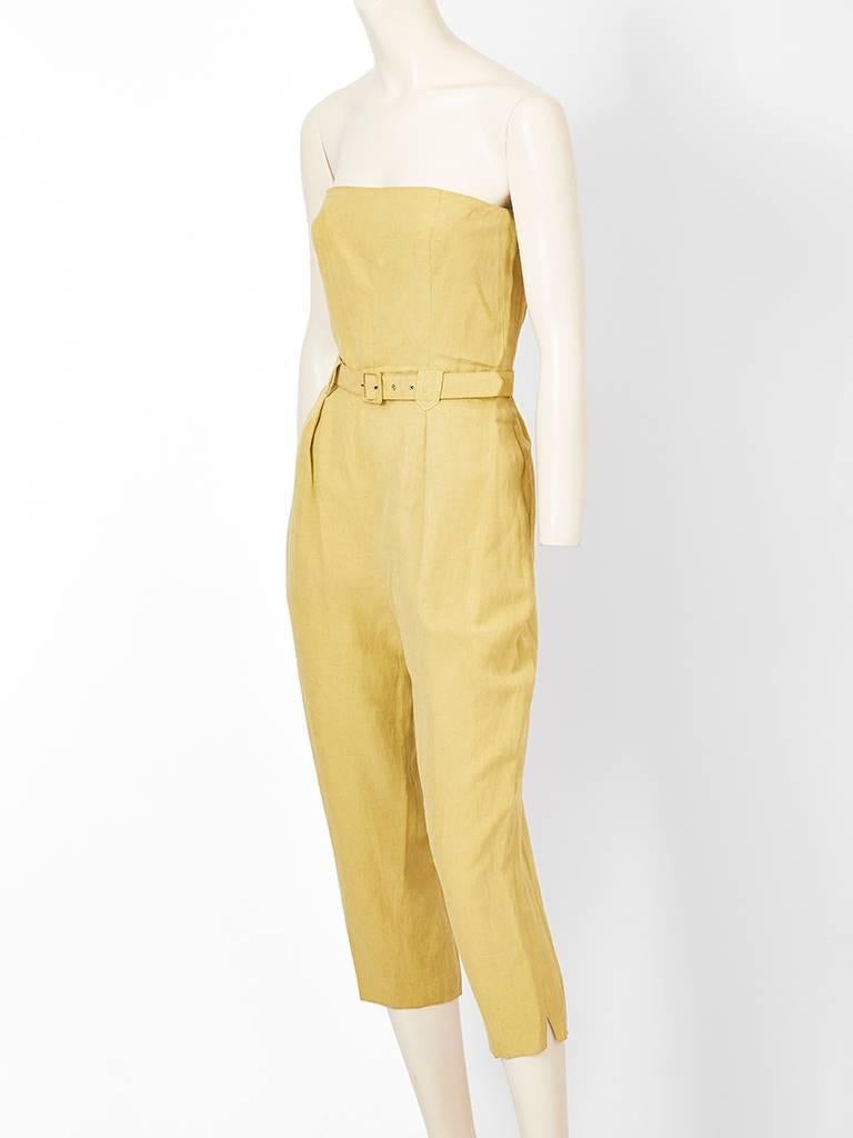 Ronaldus Shamask, silk and linen, strapless, belted jumpsuit with a cropped narrow leg in a pistachio tone. Center back, zipper closure.