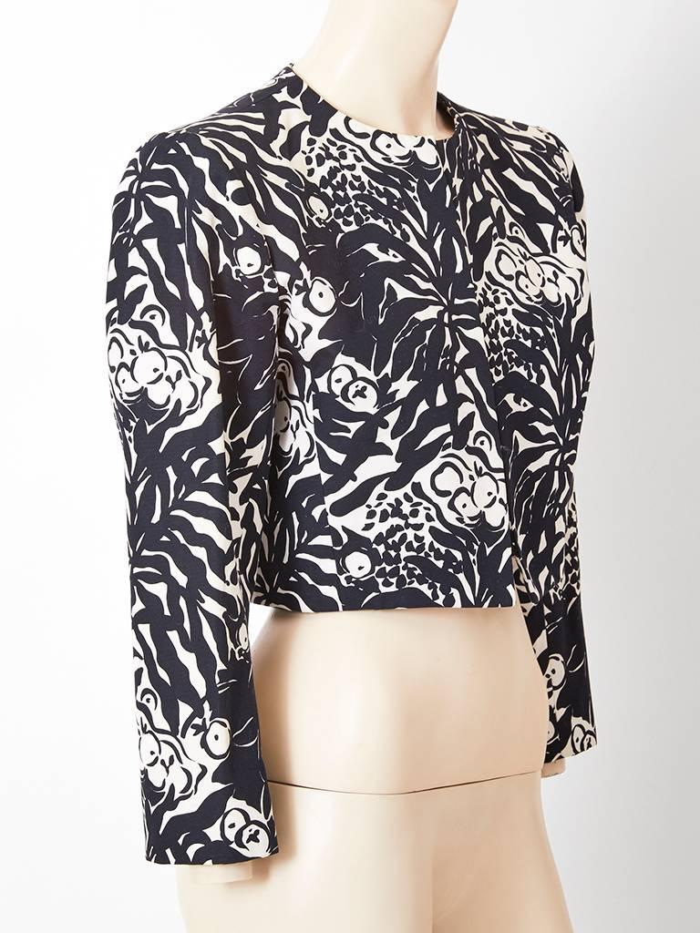 Yves Saint Laurent, Rive Gauche, black and white, abstract floral pattern, collarless, cropped jacket.