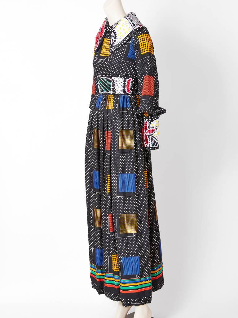 Ronald Amey, maxi dress having a mixed pattern of  multi tone geometric rectangles with small dots on a black ground. Signature Ronald Amey 