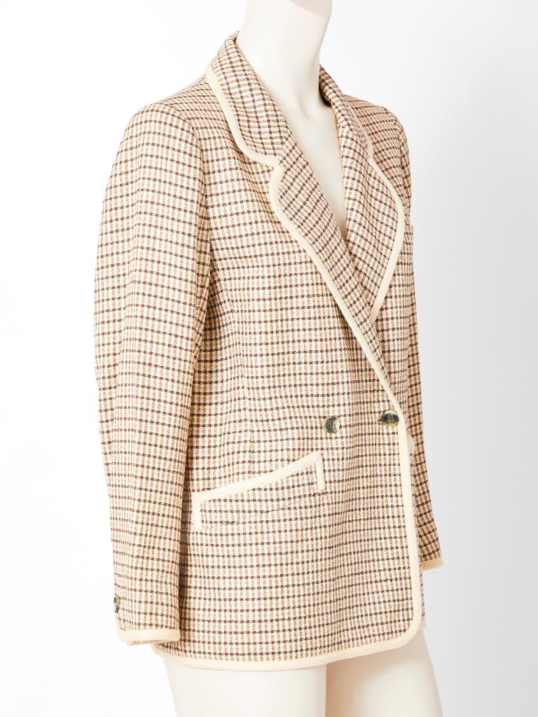 Yves Saint Laurent,  Rive Gauche, linen and silk blend, plaid blazer in neutral  tones of browns, biege, ivory and ecru. Blazer is embellished with an ivory trim. There is a half belt fastened with buttons at the back waist.
