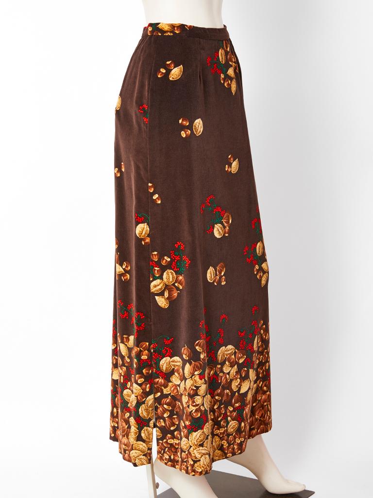 Valentino, brown velvet, acorn pattern, A line, maxi skirt c. late 70's. 