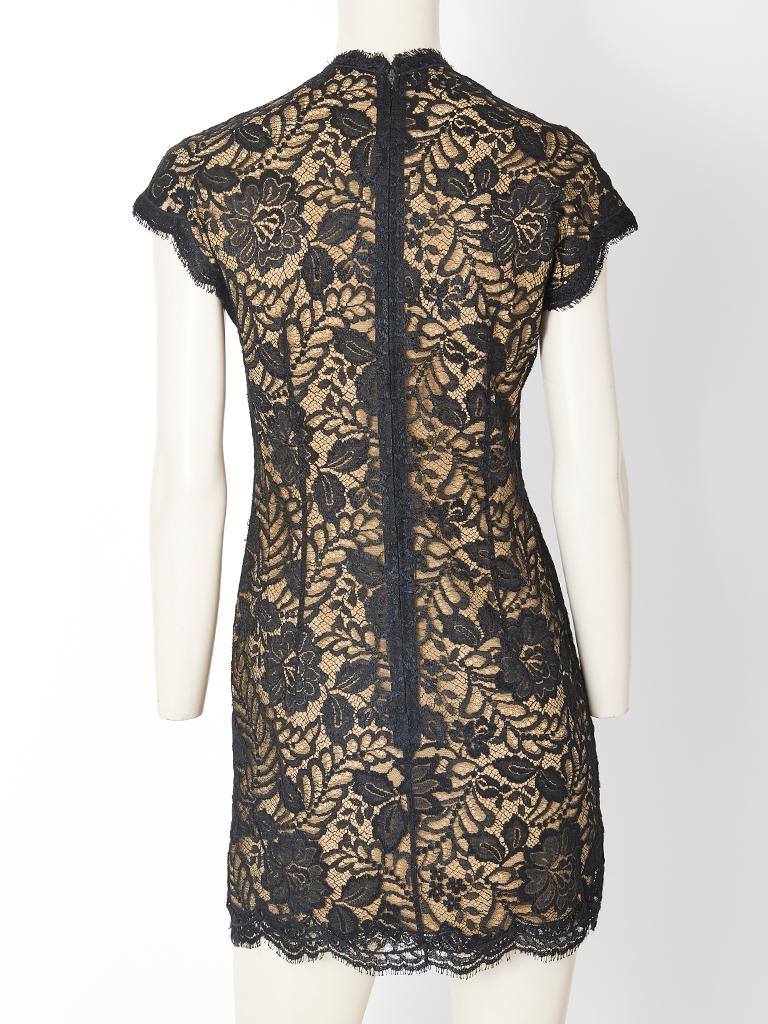 Geoffrey Beene Lace Over Nude Silk Cocktail Dress In Excellent Condition In New York, NY