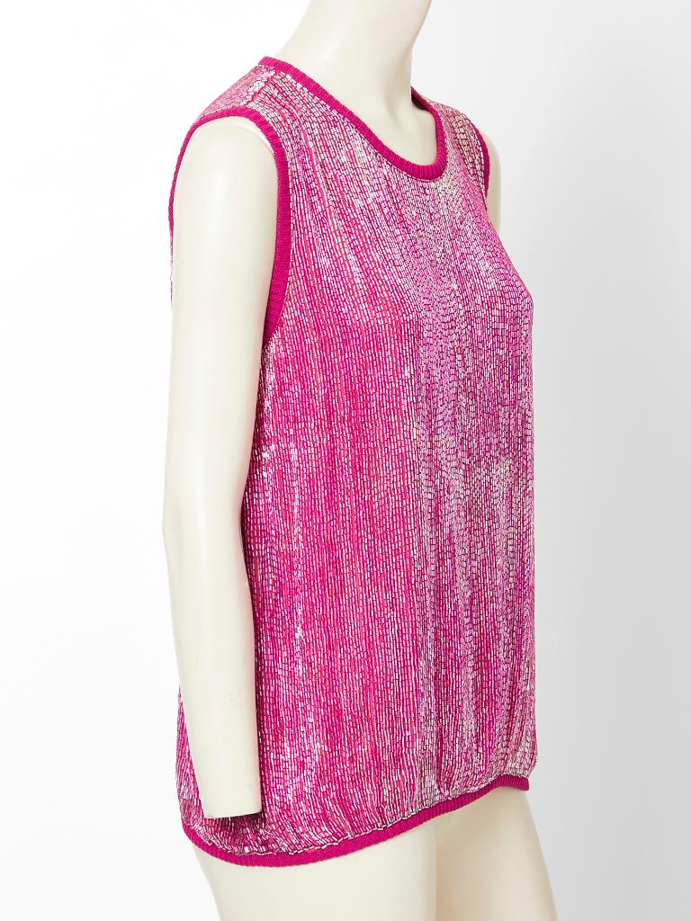 Gianfranco Ferre, magenta tone, knitted,  ombred, bugle beaded, sleeveless shell
with a deep slit detail at the back.
