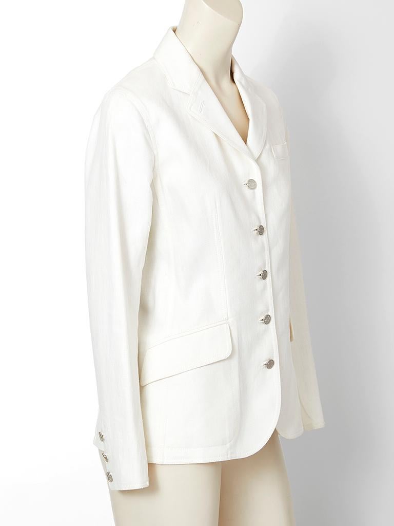 Martin Margiela for Hermes white denim, fitted blazer, having a notched collar, flap side pockets and silver tone Hermès front button  closures.