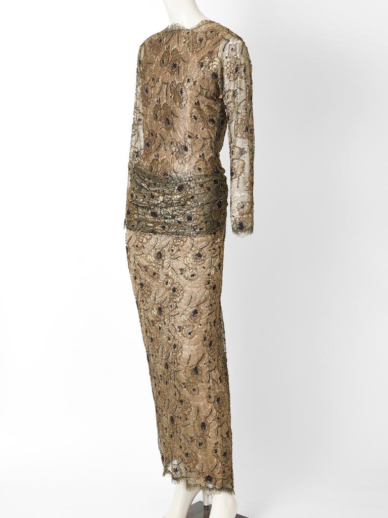 Brown Oscar de la Renta Metallic Lace Evening Gown