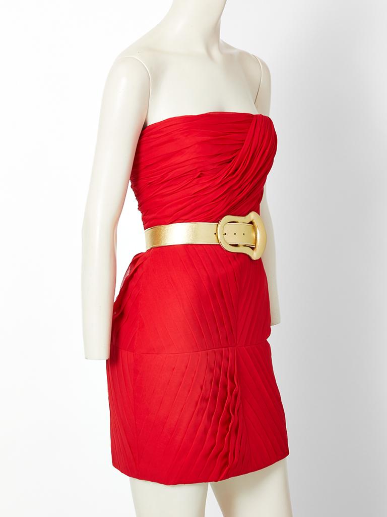 Red Galanos Strapless Pleated Chiffon  Cocktail Dress