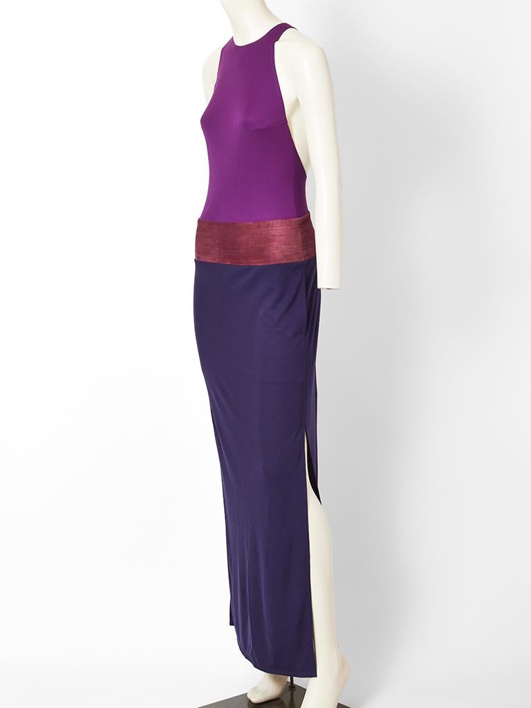 Hermès, color block gown having a halter cut bodice with a racerback detail.  Dress has a slim 