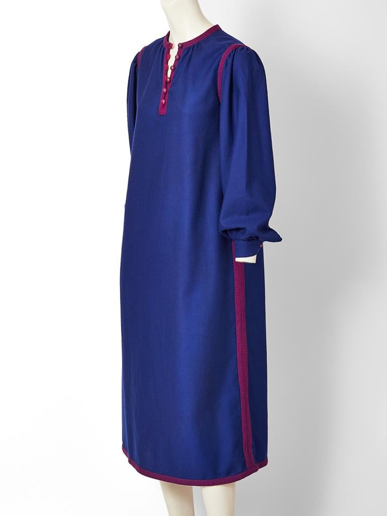 Yves Saint Laurent Rive Gauche, Russian Collection, french blue, wool, long sleeve shift dress having mauve tone wool braiding trim detail.