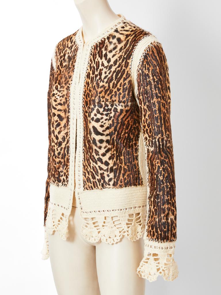 John Galliano for Christian Dior, leopard print, fitted goat hair jacket with ecru hand crochet detail.