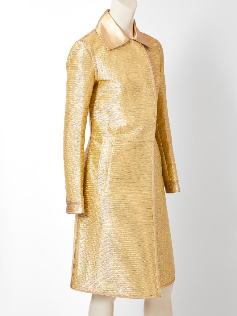 Tom Ford for Gucci, fitted, gold ottoman, coat having gold leather details. Leather details include a pointed collar, edging along the hem, front and cuffs. This is a runway piece.