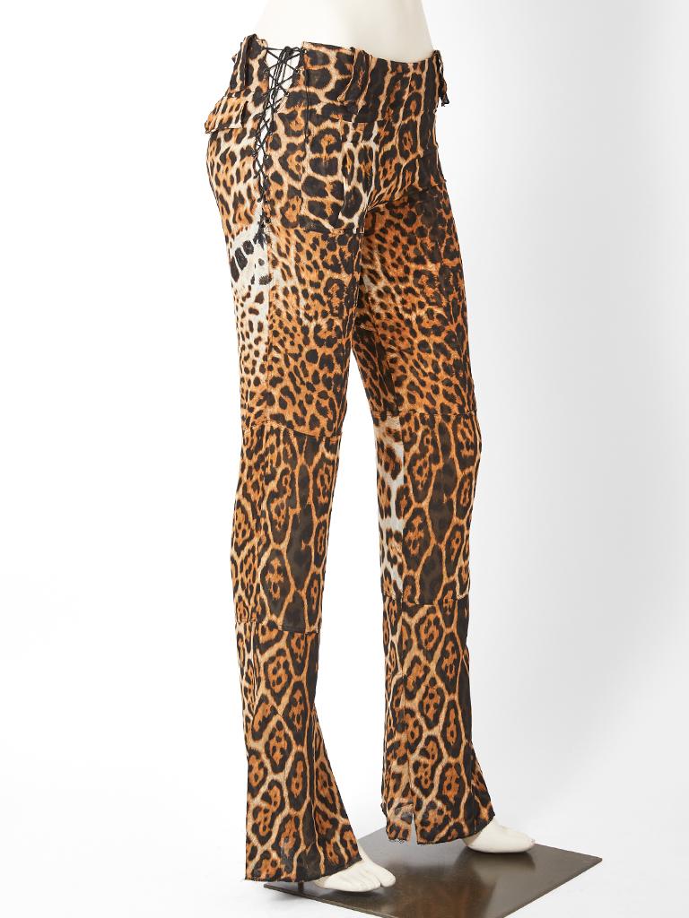 Tom Ford for Yves Saint Laurent, leopard pattern, silk chiffon,  flared pant  having lacing detail at the hips.
