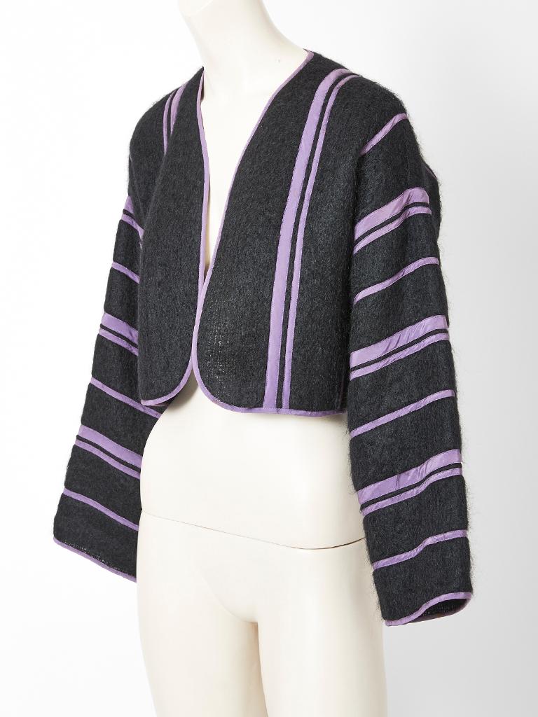 Geoffrey Beene, charcoal grey, mohair bolero having stripes in a silk lavender tone.