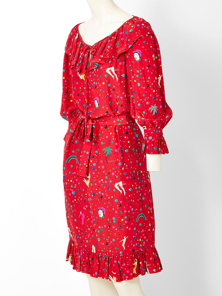 Ungaro,  red, silk, circus pattern, peasant style day dress having ruffle detail at the neck, hem and cuffs.