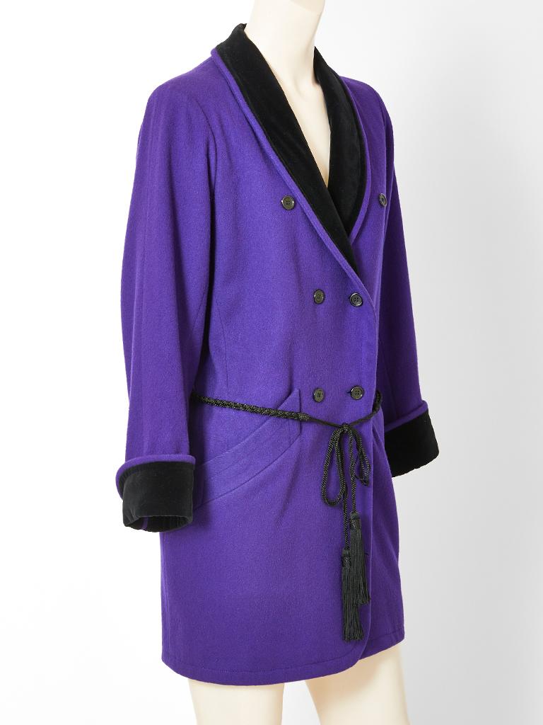 Purple wool and velvet Yves Saint Laurent , Rive Gauche, double breasted 3/4 coat, having a velvet shawl collar and cuffs,  and braided tassel belt.
