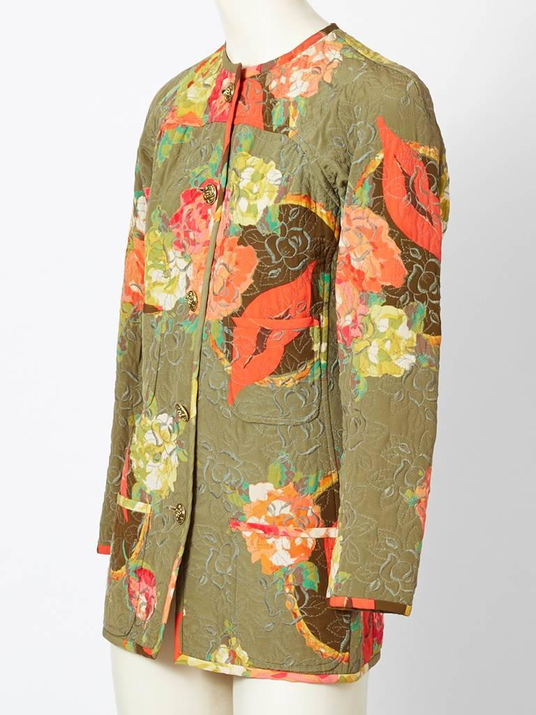 Ungaro, silk, floral print, quilted, fitted, jacket with no collar and 4 pocket detail.