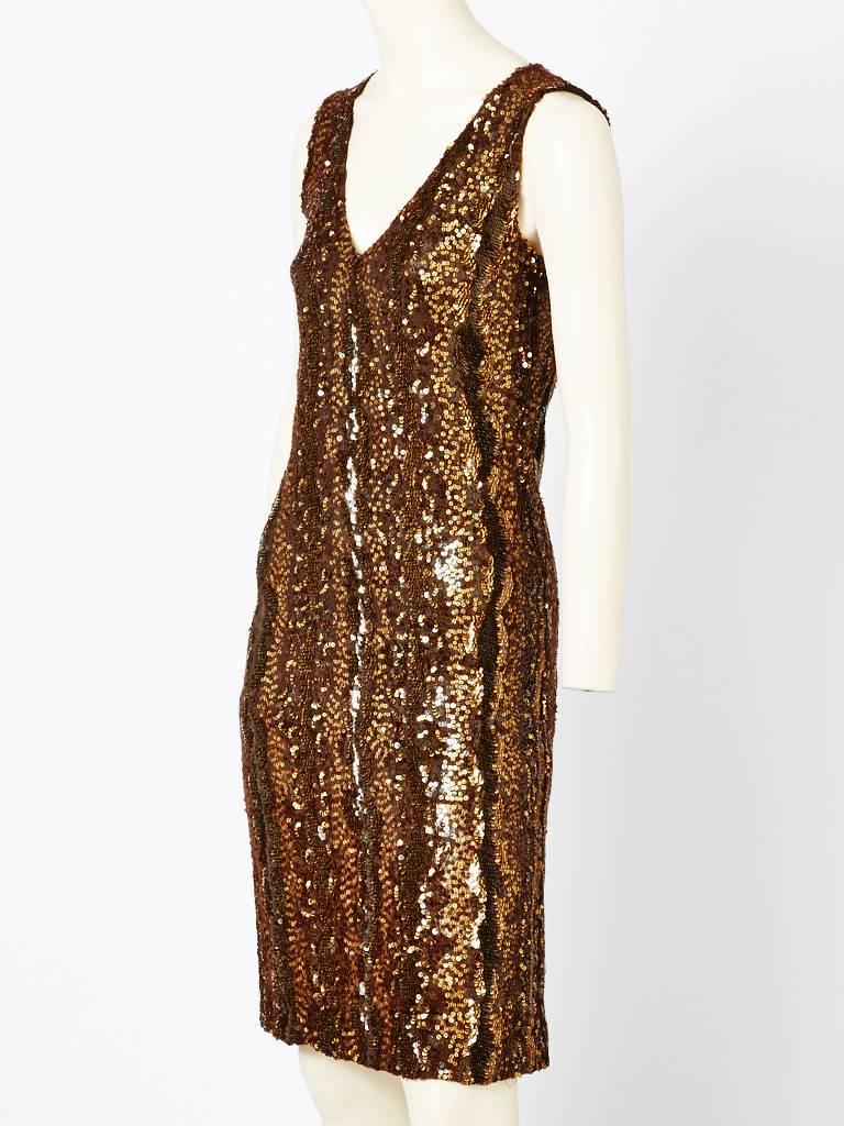 Jenny, copper, sequined, knit, v neck, sleeveless cocktail dress.