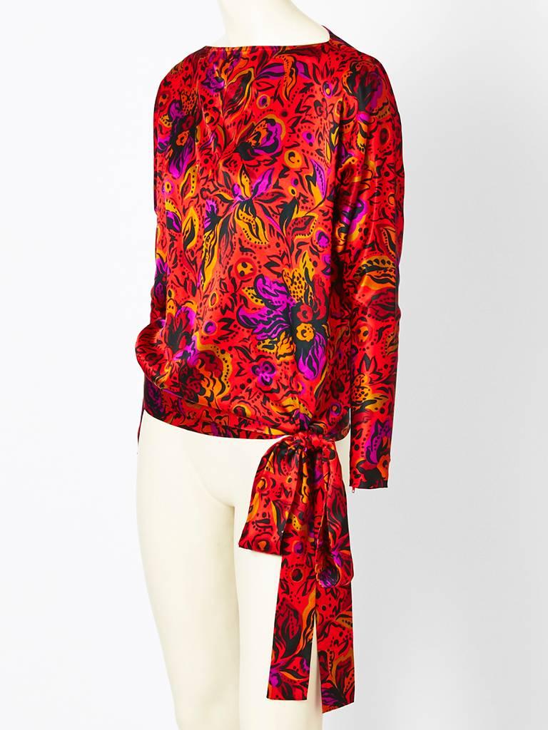 Yves Saint Laurent, fantasy, printed, silk, boat neck, bat wing sleeve, tunic with side tie at the hip.  