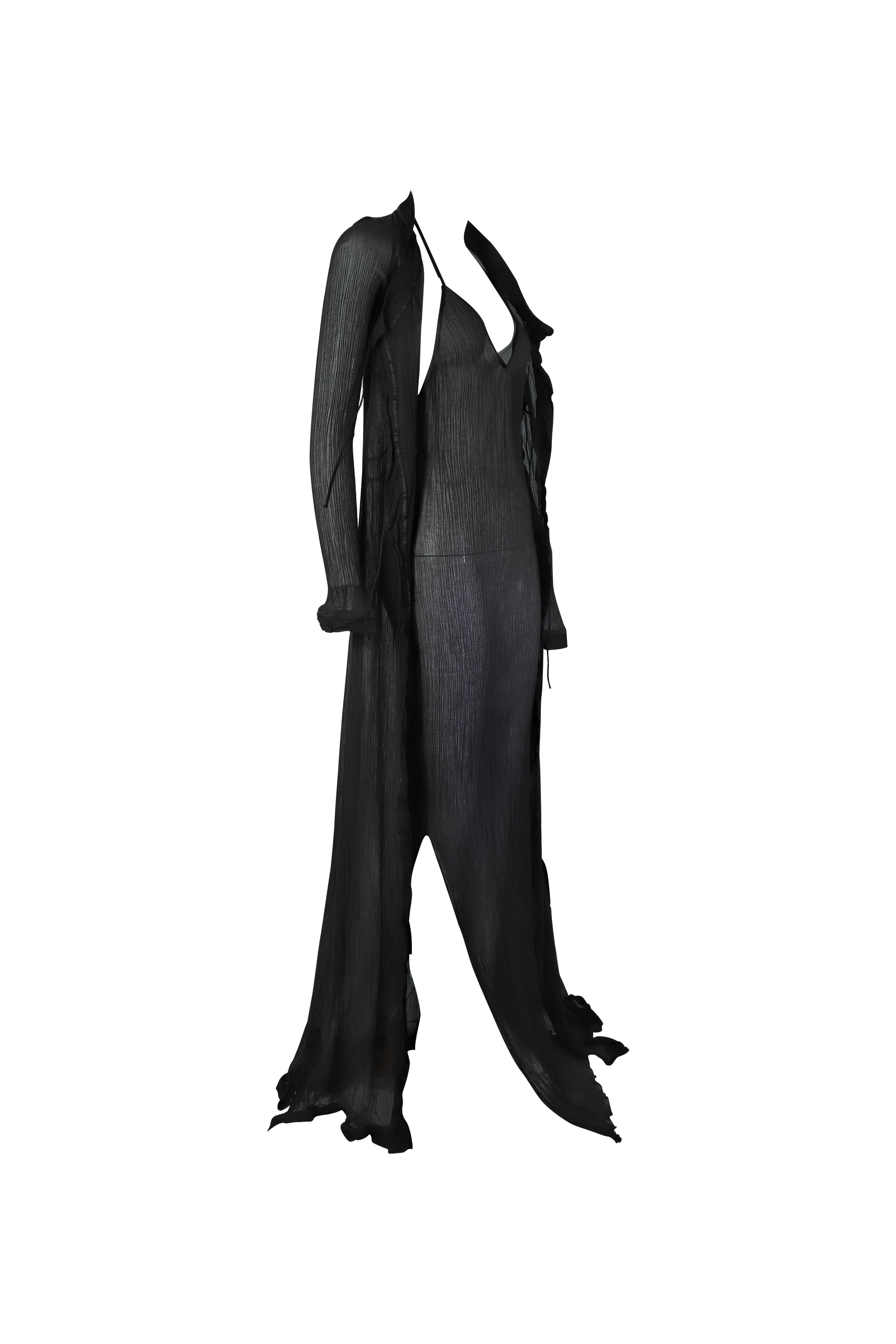 GUCCI S/s 2002 Durchsichtiger asymmetrischer schwarzer Staubmantel Maxikleid-Set Damen im Angebot