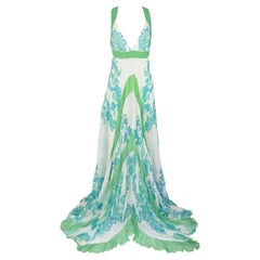 ROBERTO CAVALLI S/s 2007 Green & White Floral Glittering Halter Maxi Gown NWT