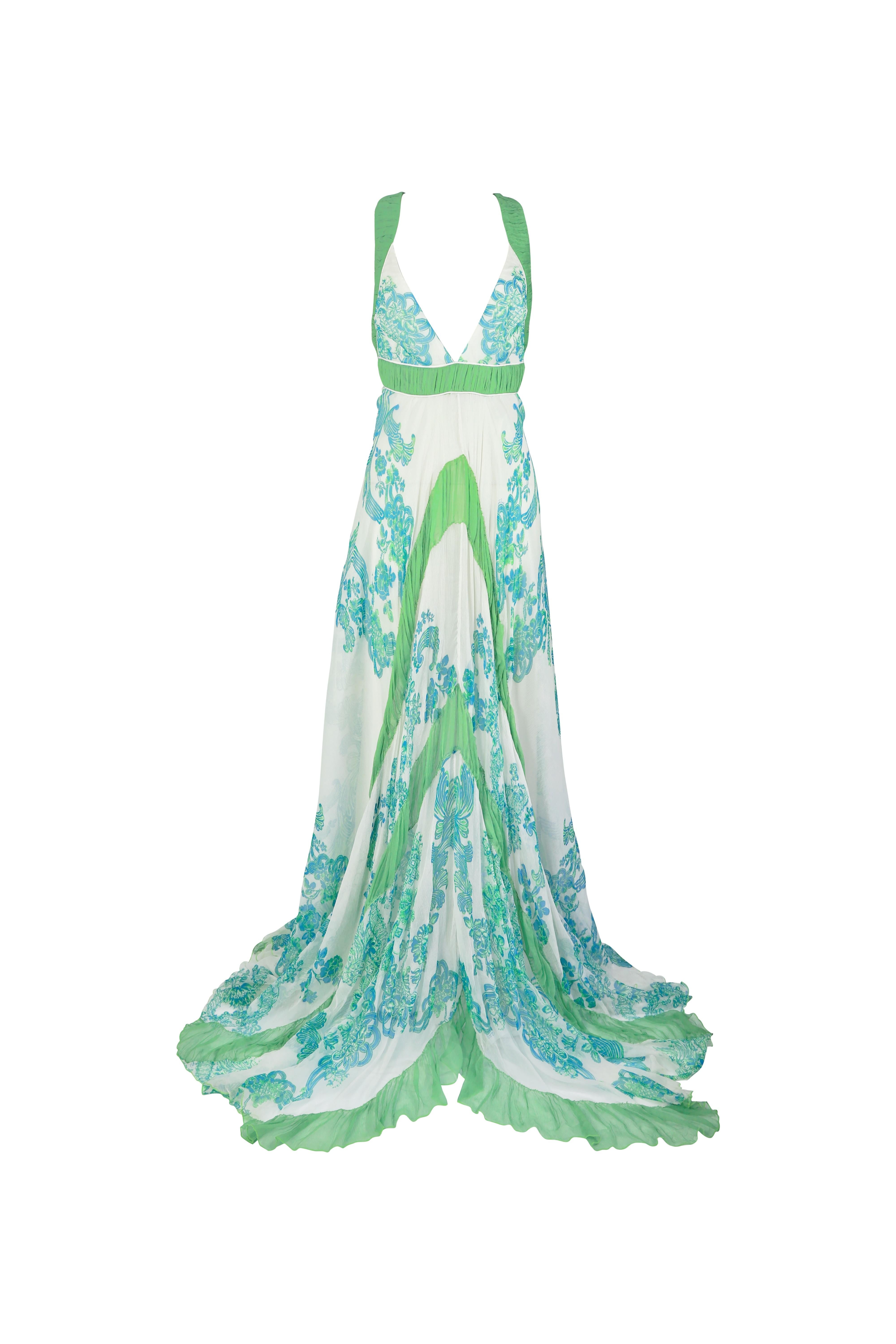 ROBERTO CAVALLI S/s 2007 Grün & Weiß Floral Glittering Halter Maxi Kleid NWT (Blau) im Angebot