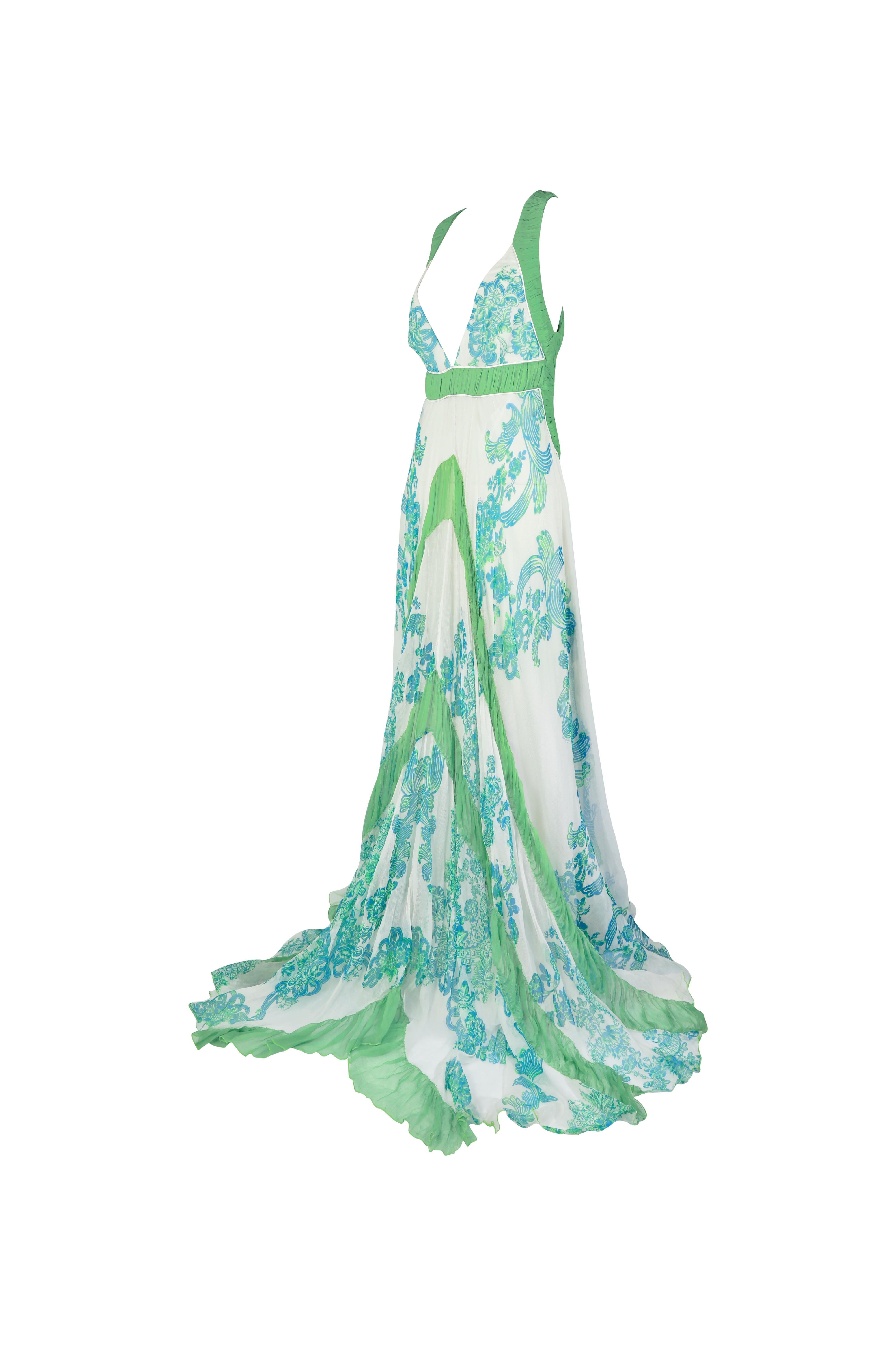 ROBERTO CAVALLI S/s 2007 Grün & Weiß Floral Glittering Halter Maxi Kleid NWT im Zustand „Hervorragend“ im Angebot in 上海市, CN