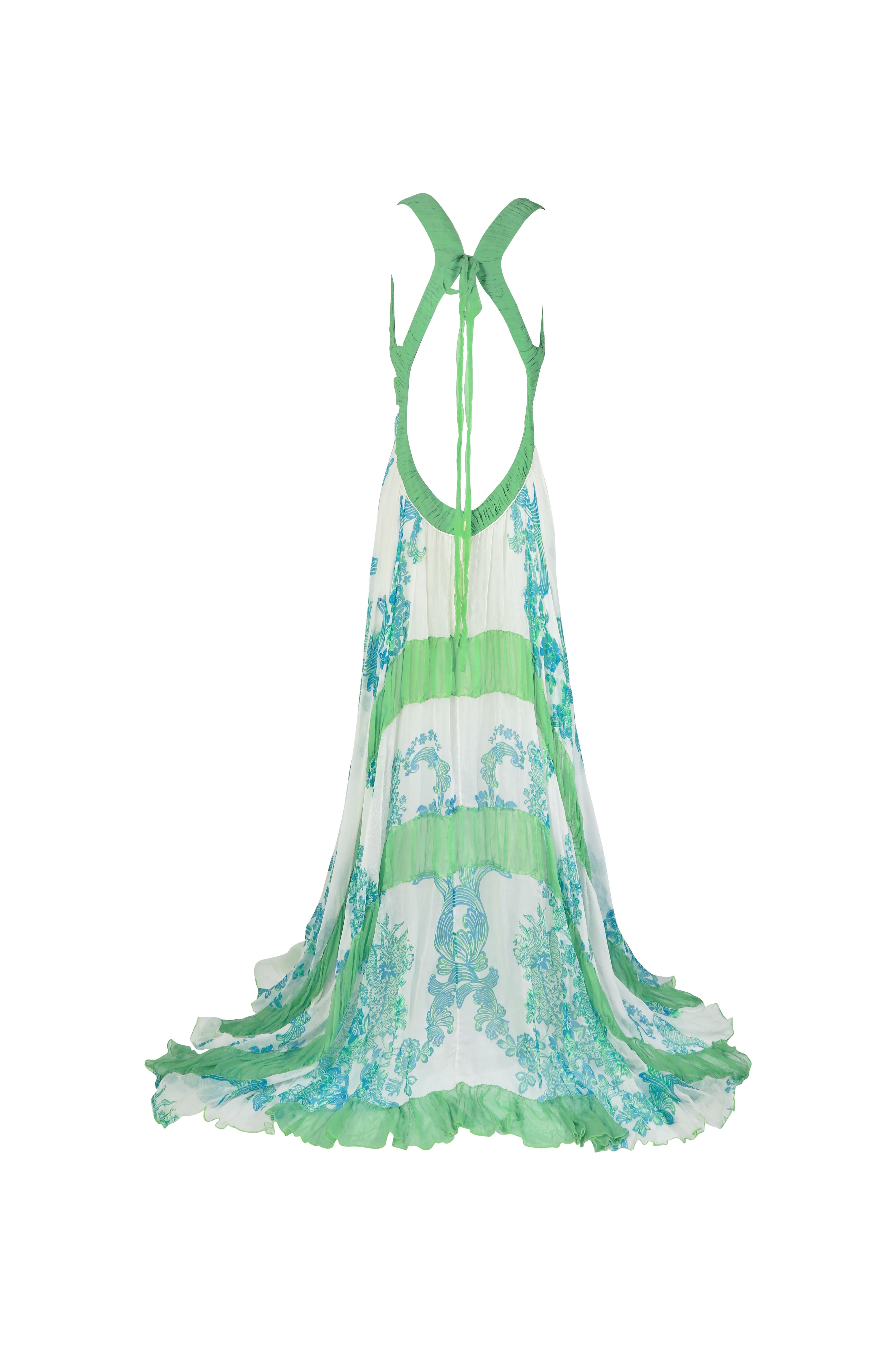 ROBERTO CAVALLI S/s 2007 Grün & Weiß Floral Glittering Halter Maxi Kleid NWT im Angebot 1