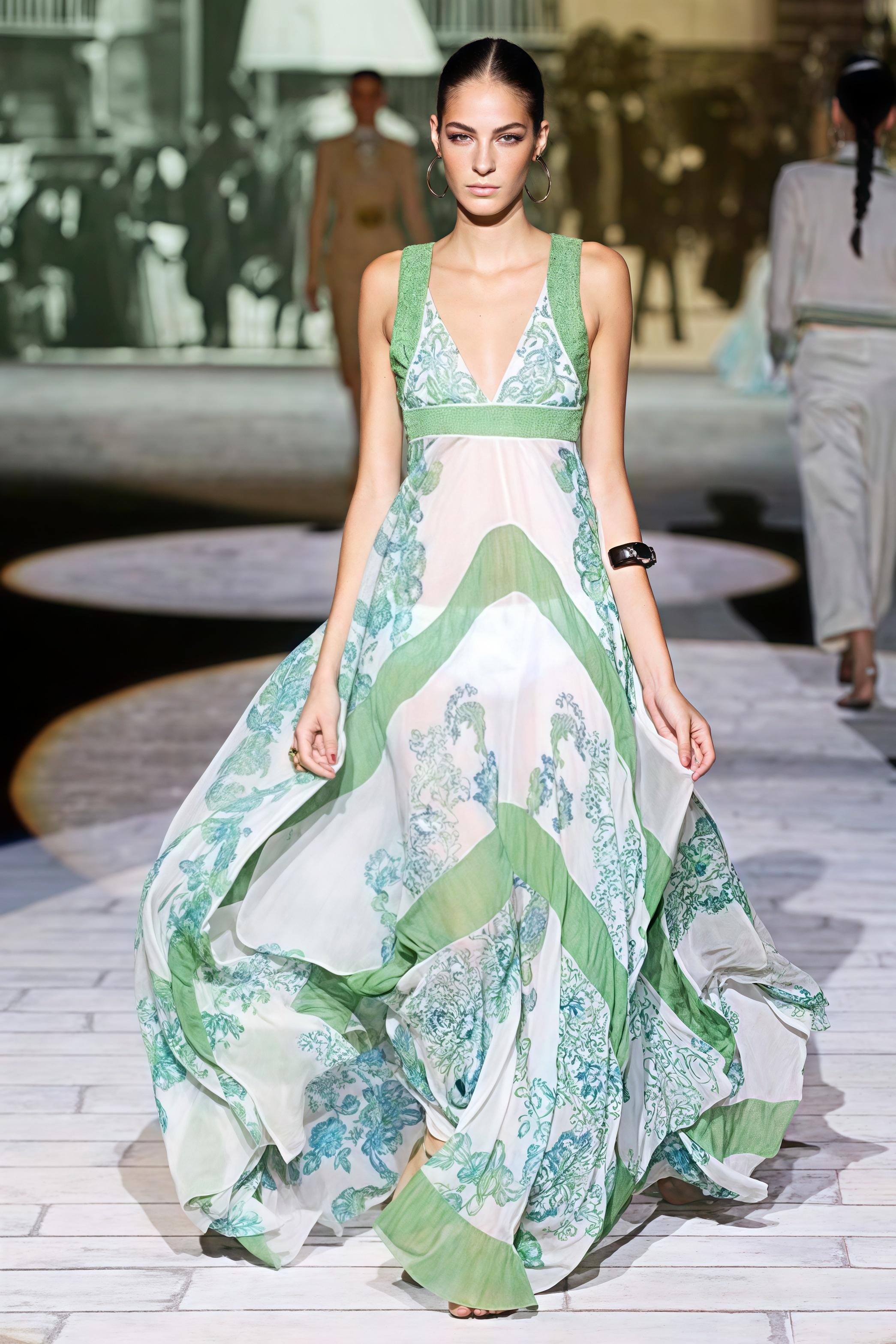 Dieses atemberaubende Kleid von Roberto Cavalli hat einen tiefen V-Ausschnitt und ein Neckholder-Design, das Eleganz und Raffinesse ausstrahlt. Mit verschlungenen grünen und blauen Blumenmustern auf strahlend weißem Grund, mit glänzenden, golden