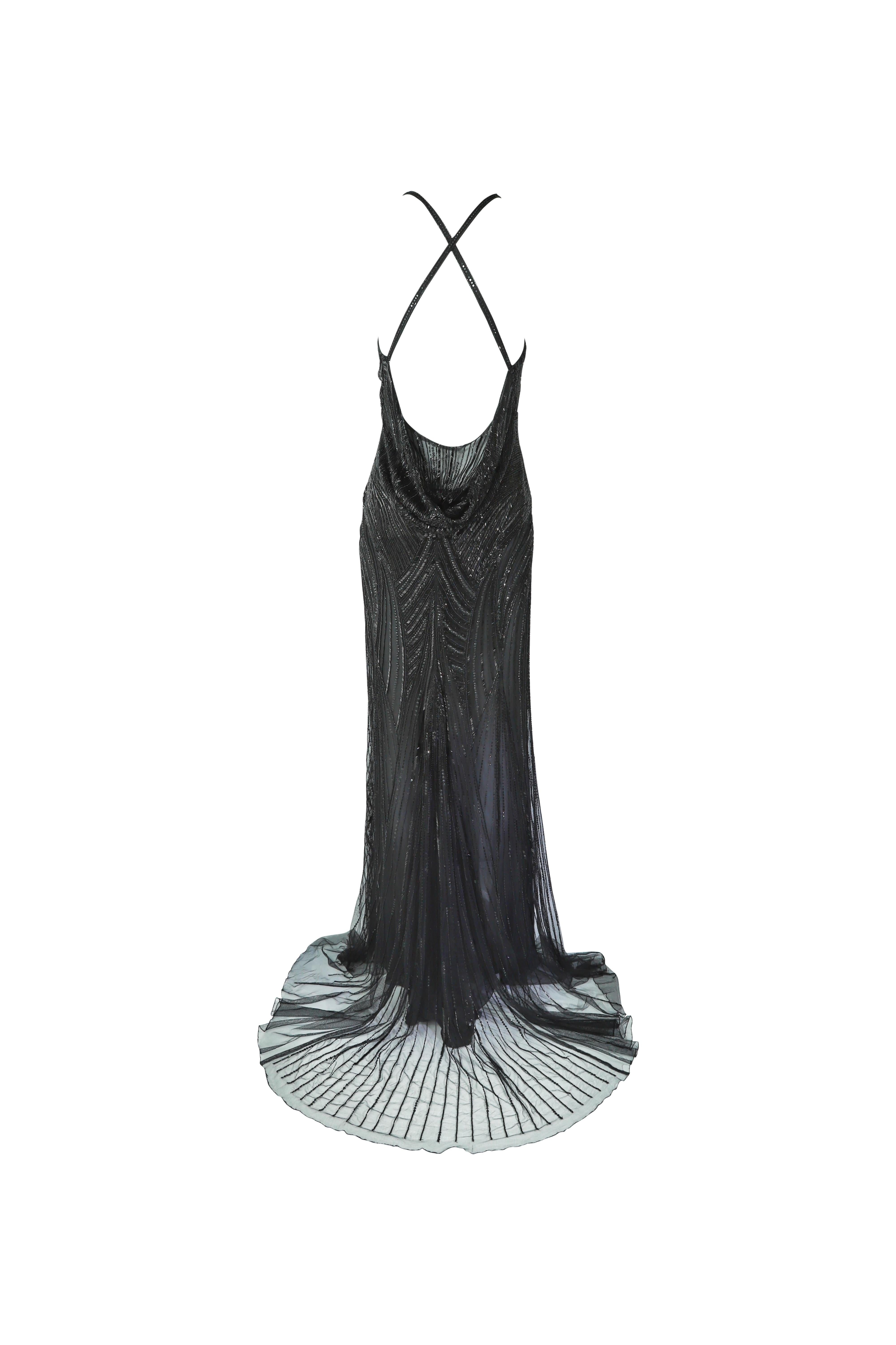 ROBERTO CAVALLI Schwarzes perlenbesetztes, tief heruntergezogenes Maxikleid Tagged. 2007 NWT im Angebot 1