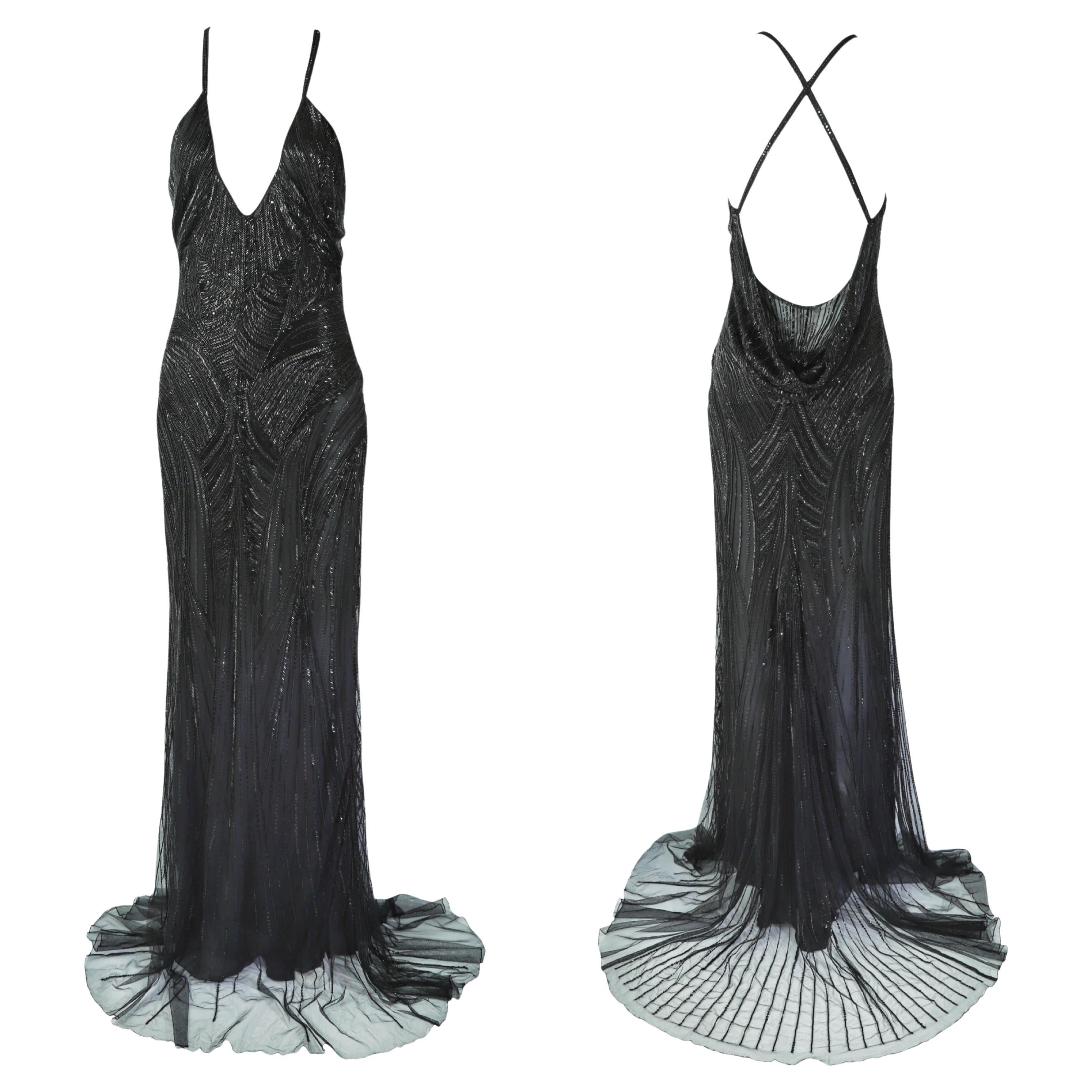 ROBERTO CAVALLI Schwarzes perlenbesetztes, tief heruntergezogenes Maxikleid Tagged. 2007 NWT im Angebot