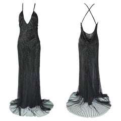 ROBERTO CAVALLI Black Beaded Plunging Draped Back Maxi Gown Tagged. 2007 NWT