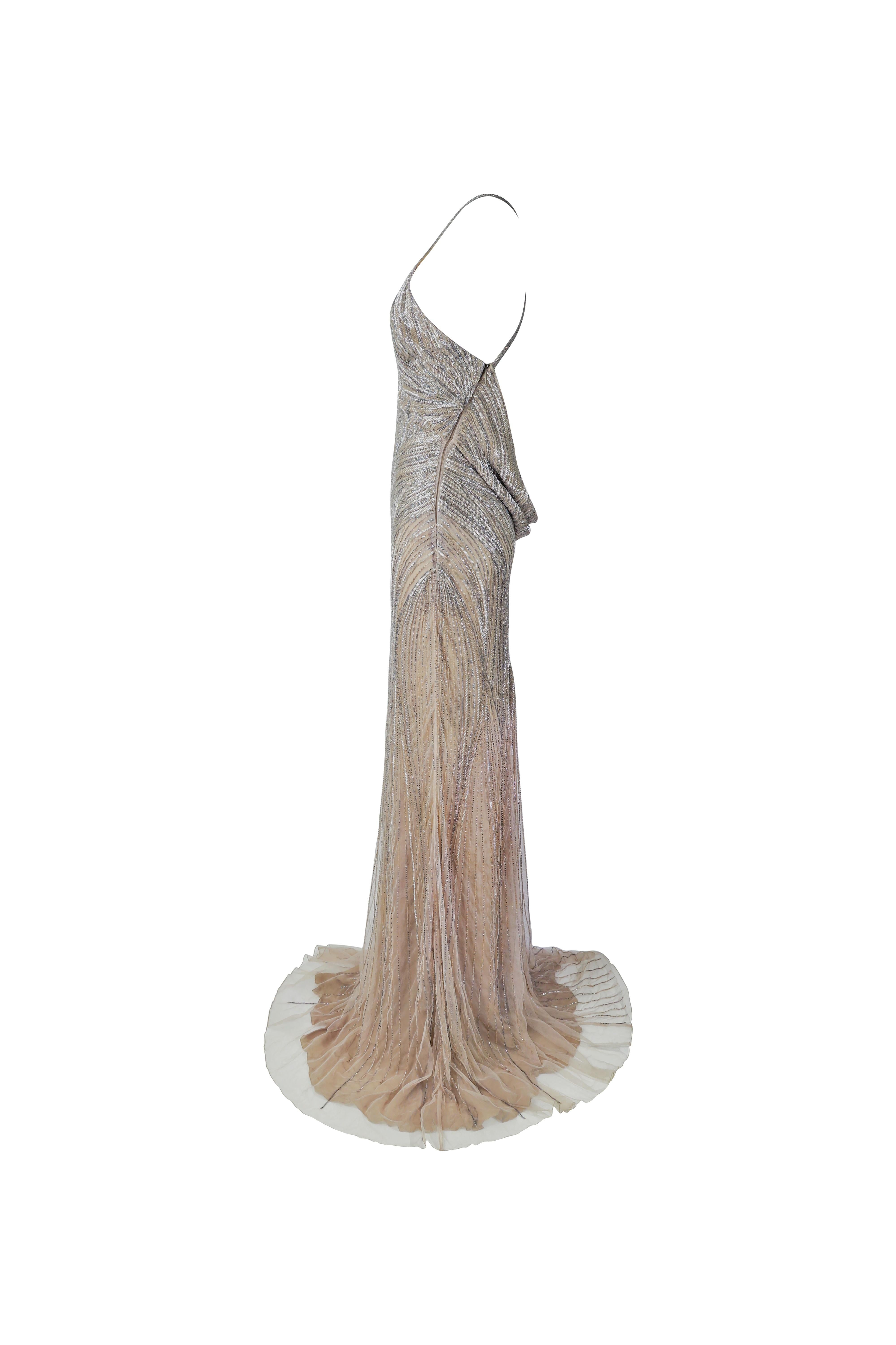 ROBERTO CAVALLI Champagner perlenbesetztes, tief heruntergezogenes Maxikleid Tagged. 2007 NWT im Zustand „Hervorragend“ im Angebot in 上海市, CN
