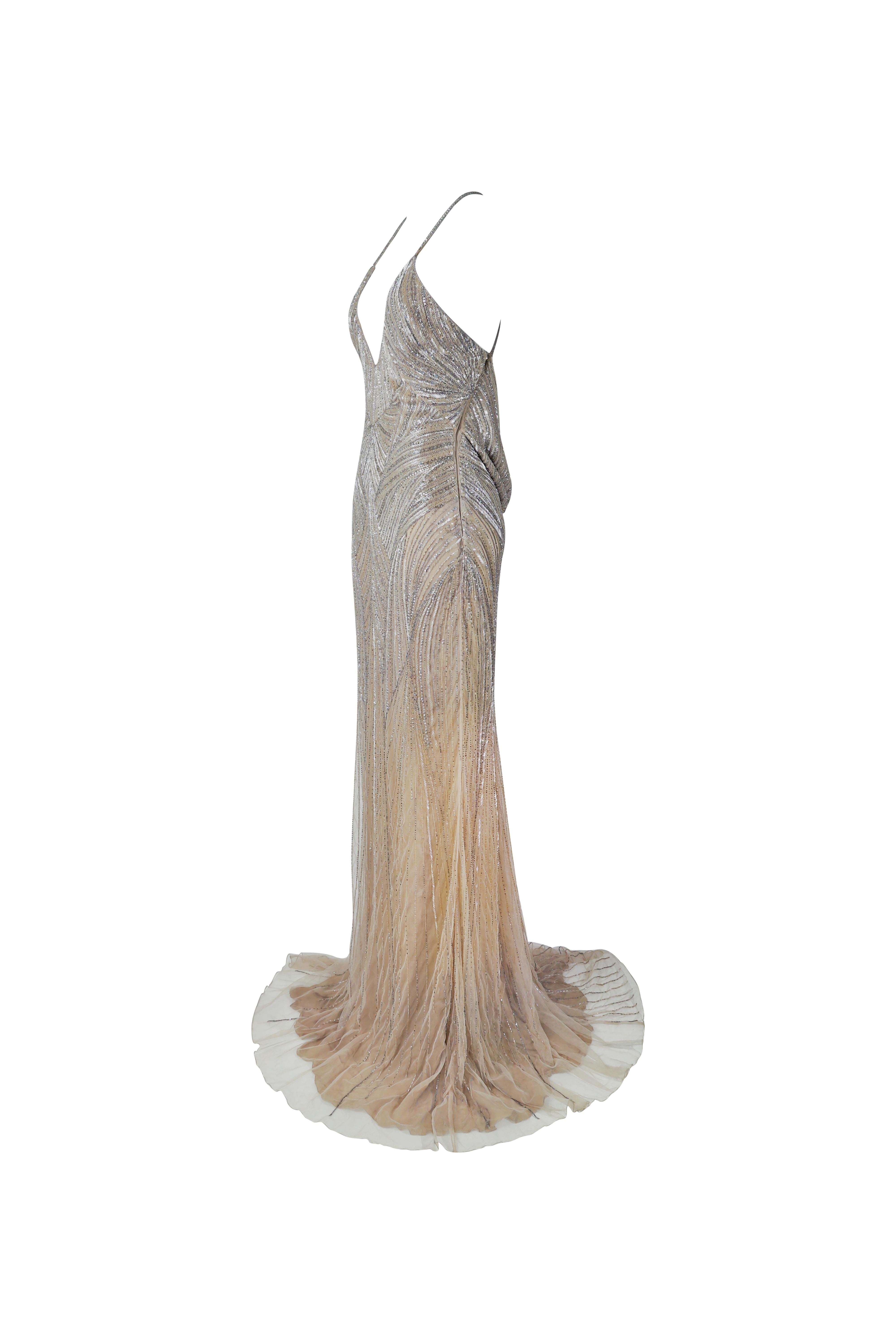 ROBERTO CAVALLI Champagner perlenbesetztes, tief heruntergezogenes Maxikleid Tagged. 2007 NWT (Braun) im Angebot