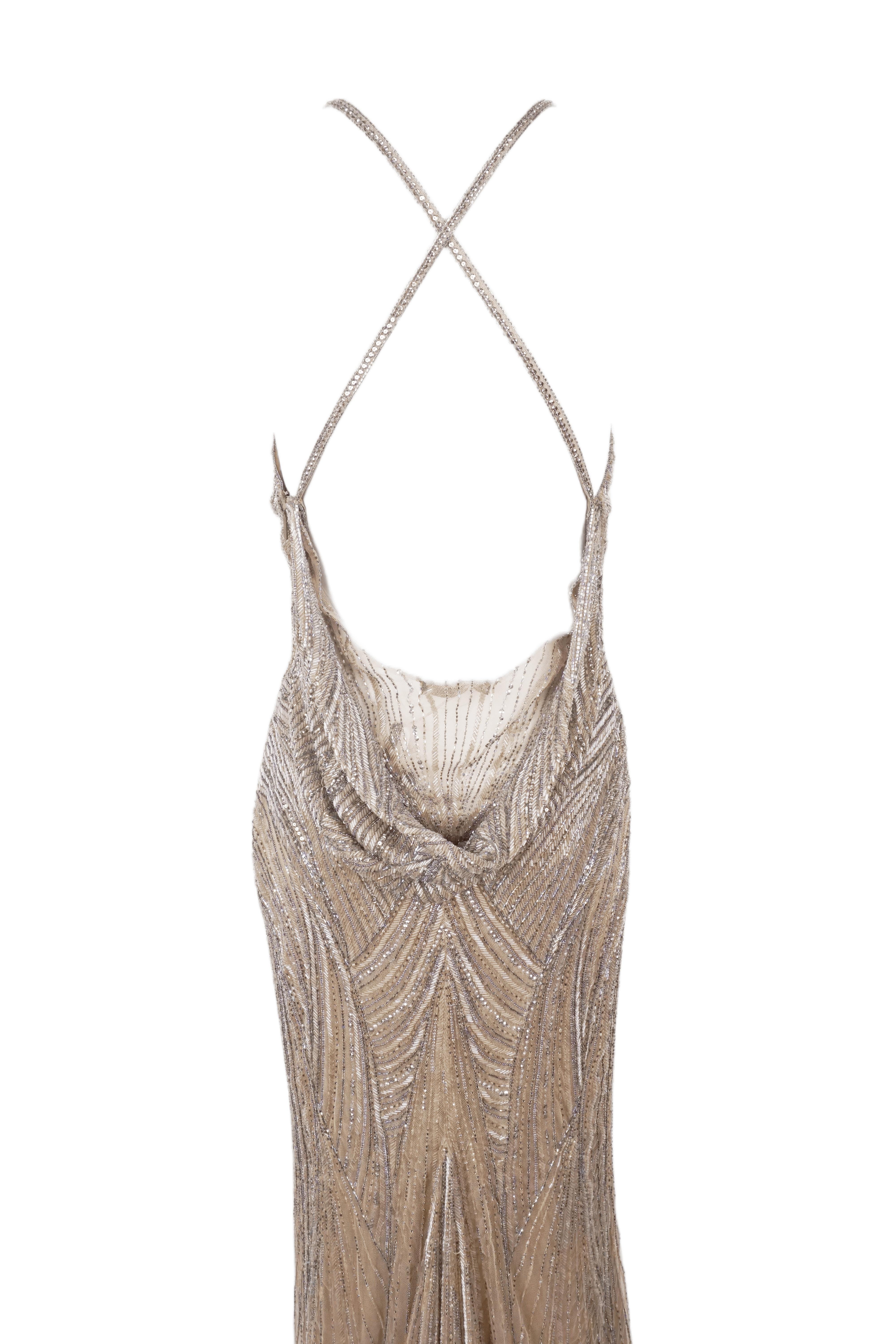 ROBERTO CAVALLI Champagner perlenbesetztes, tief heruntergezogenes Maxikleid Tagged. 2007 NWT im Angebot 1
