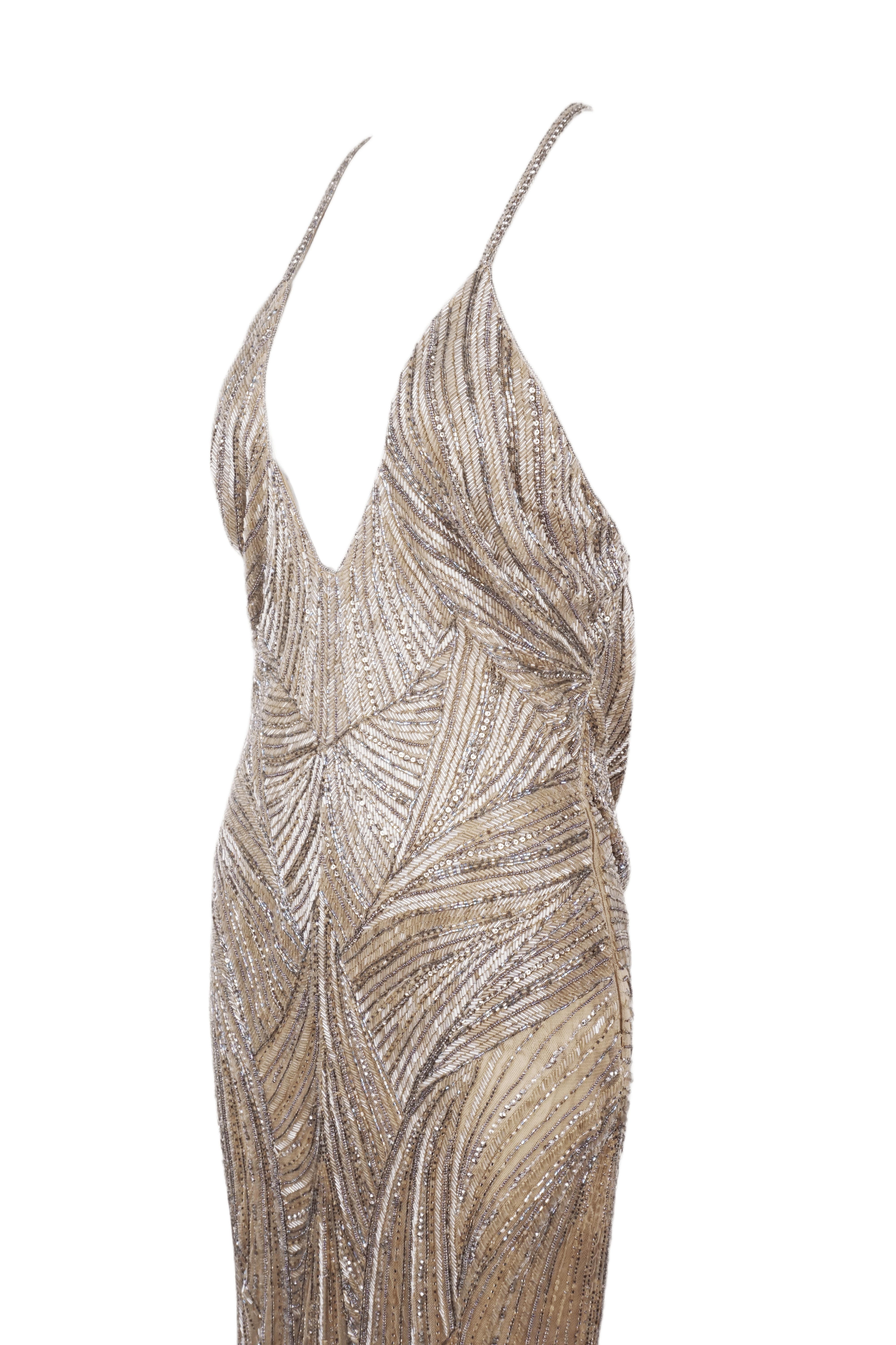 ROBERTO CAVALLI Champagner perlenbesetztes, tief heruntergezogenes Maxikleid Tagged. 2007 NWT im Angebot 2
