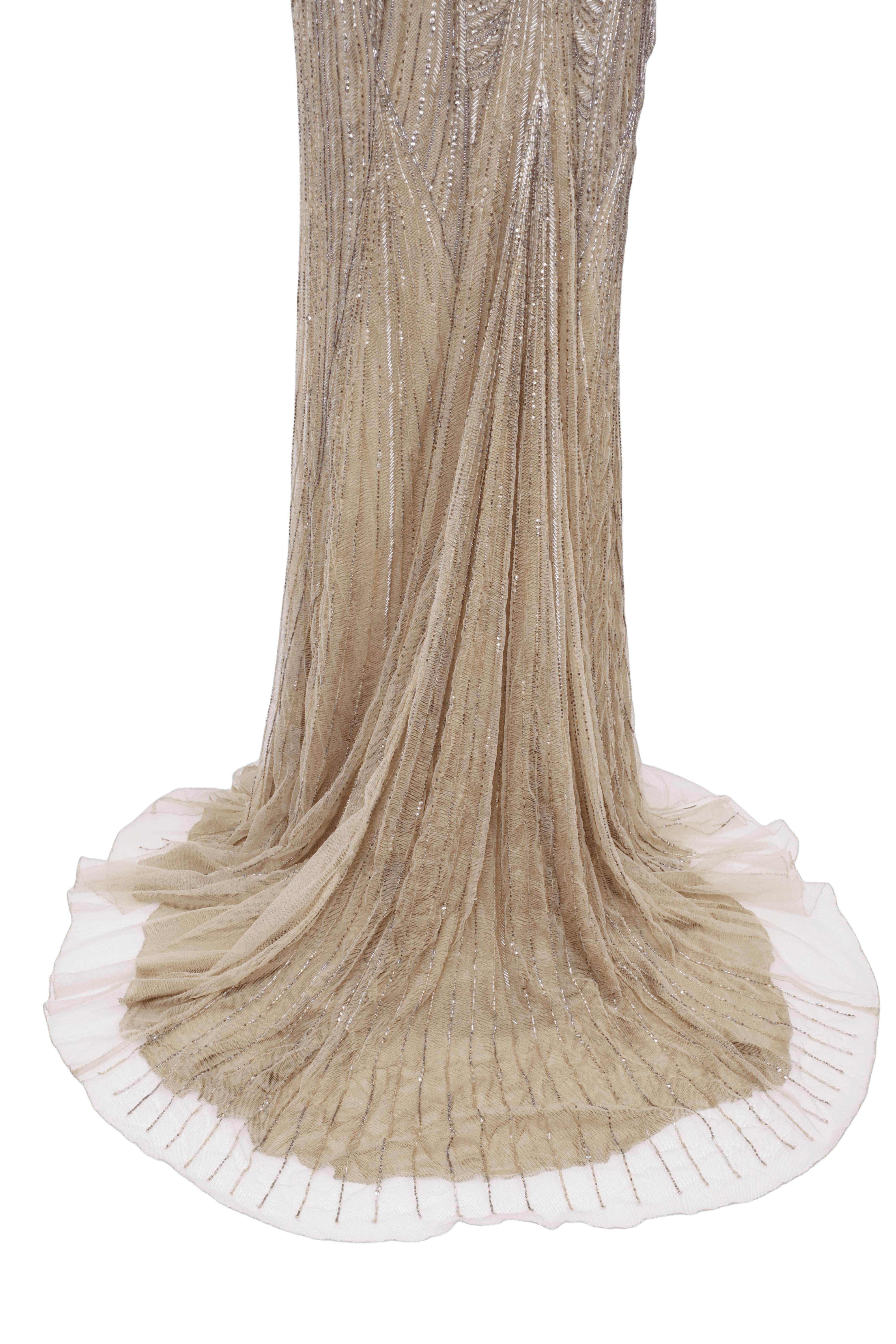 ROBERTO CAVALLI Champagner perlenbesetztes, tief heruntergezogenes Maxikleid Tagged. 2007 NWT im Angebot 4
