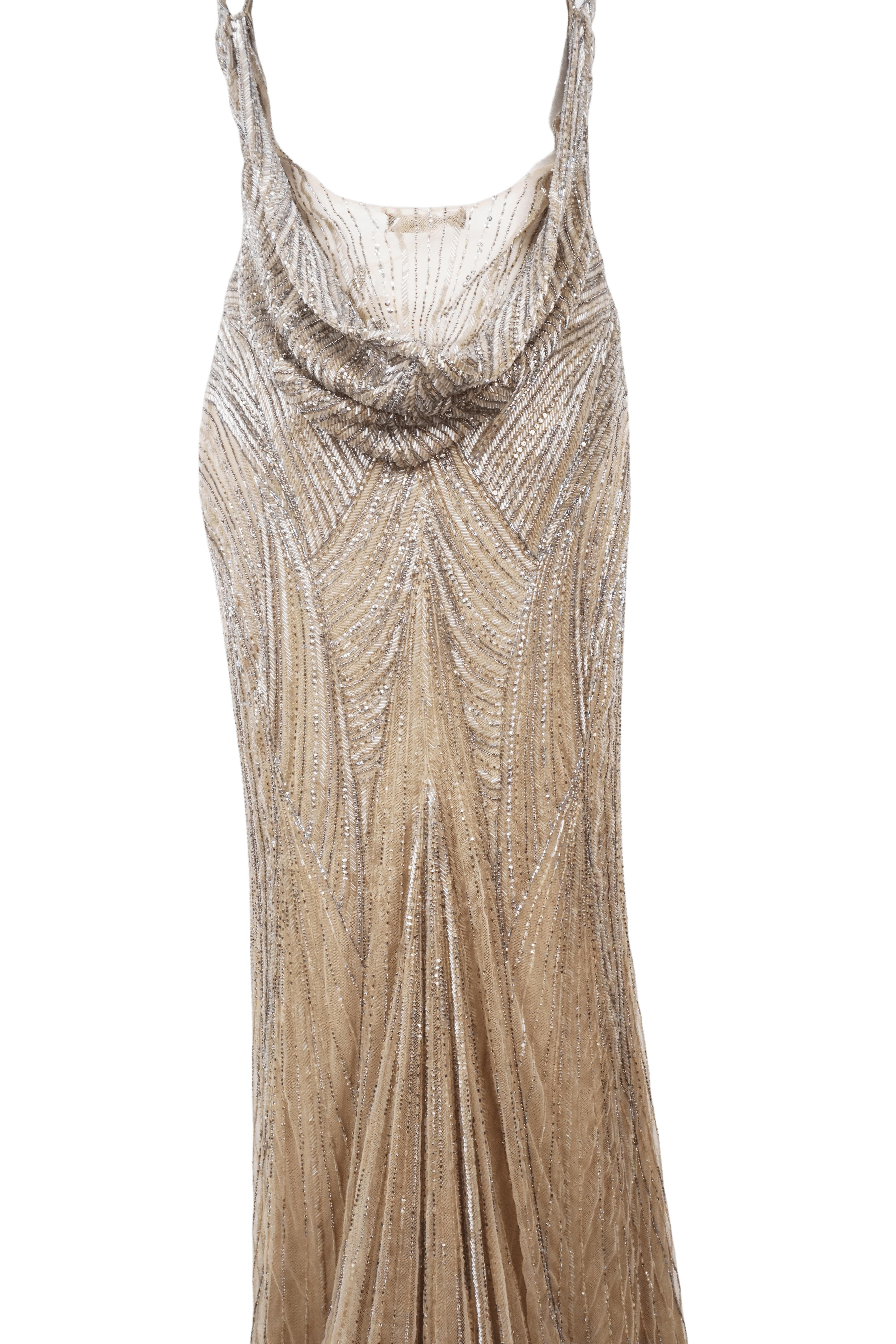 ROBERTO CAVALLI Champagner perlenbesetztes, tief heruntergezogenes Maxikleid Tagged. 2007 NWT im Angebot 3