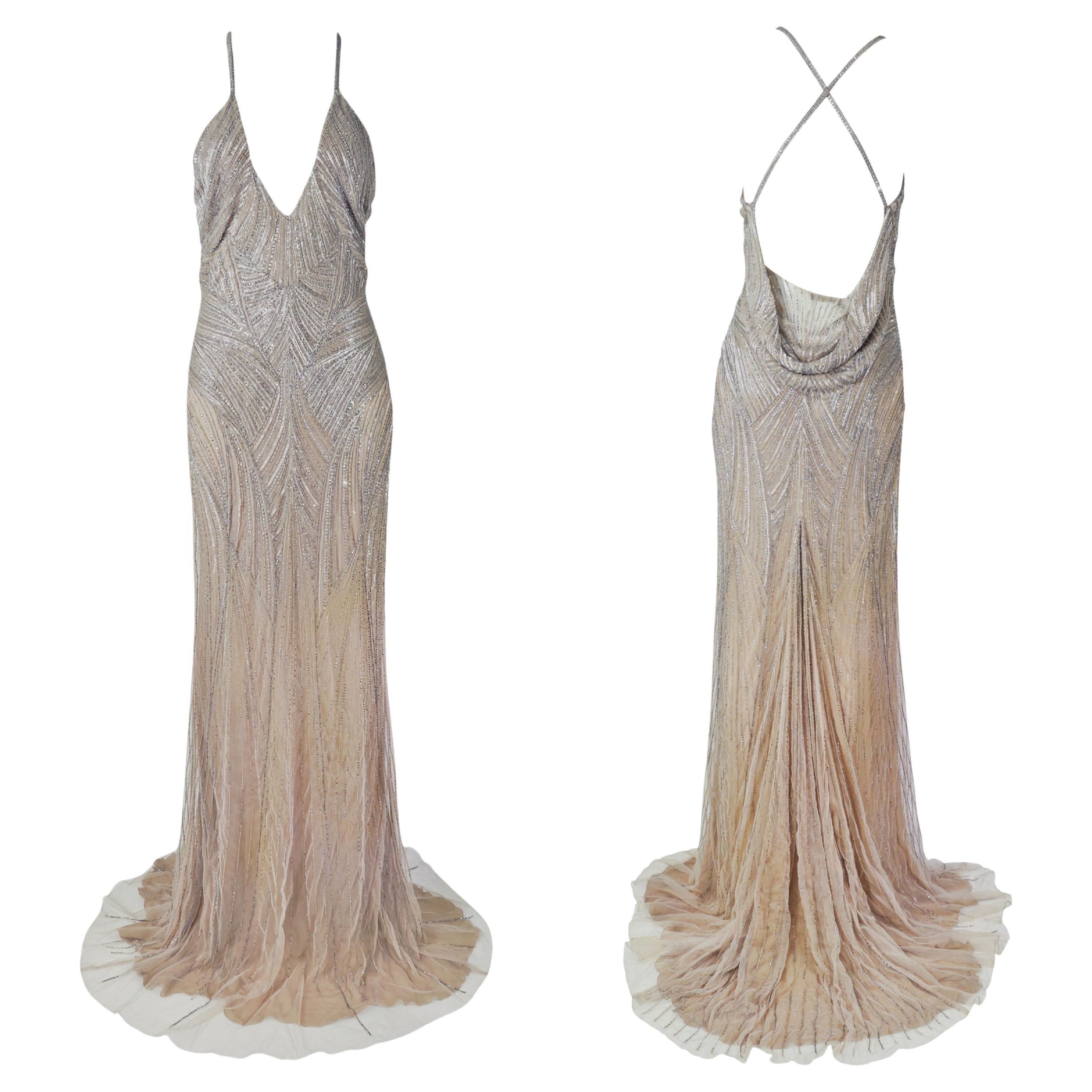 ROBERTO CAVALLI Champagner perlenbesetztes, tief heruntergezogenes Maxikleid Tagged. 2007 NWT im Angebot