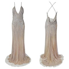 ROBERTO CAVALLI Champagne Beaded Plunging Draped Back Maxi Gown Tagged. 2007 NWT