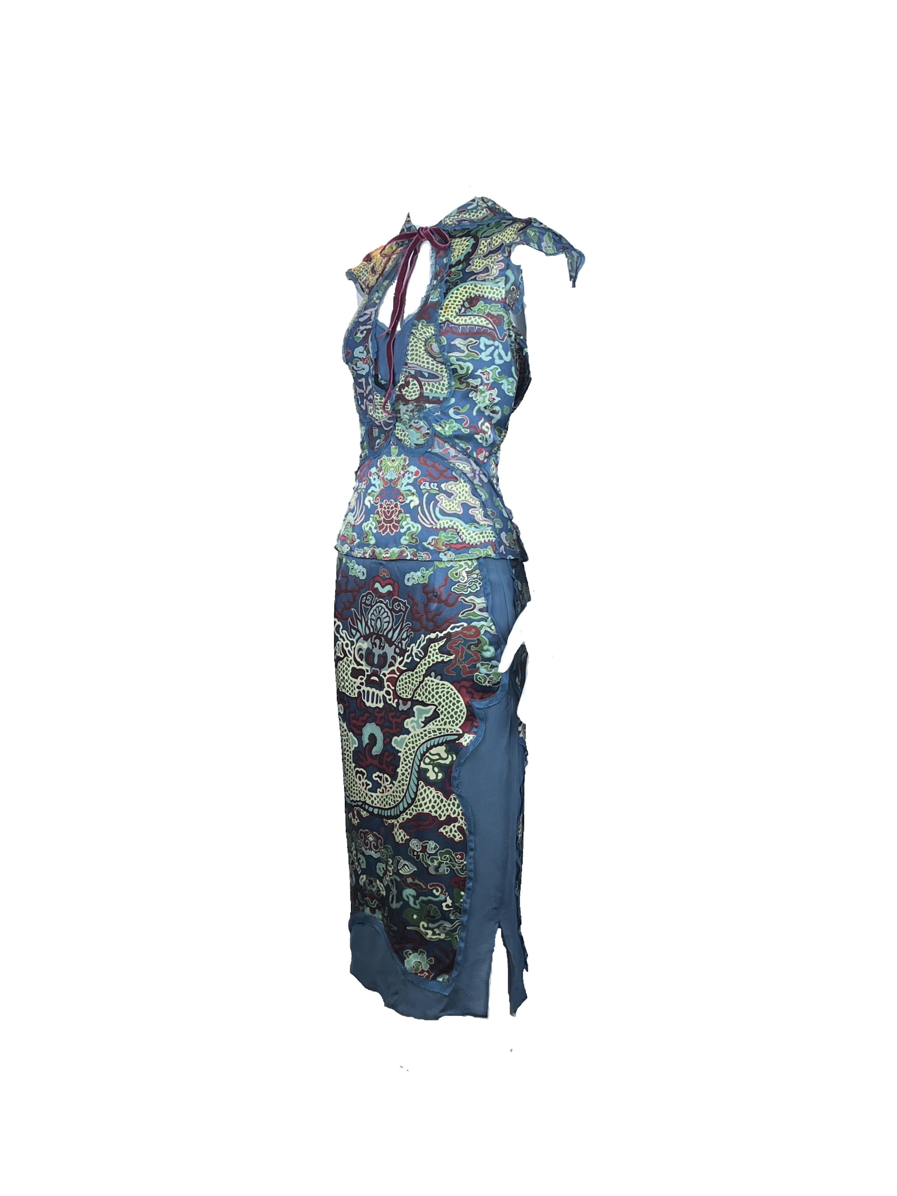 Gris Ensemble jupe chinoise dragon teal YVES SAINT LAURENT By Tom Ford F/w 2004 en vente