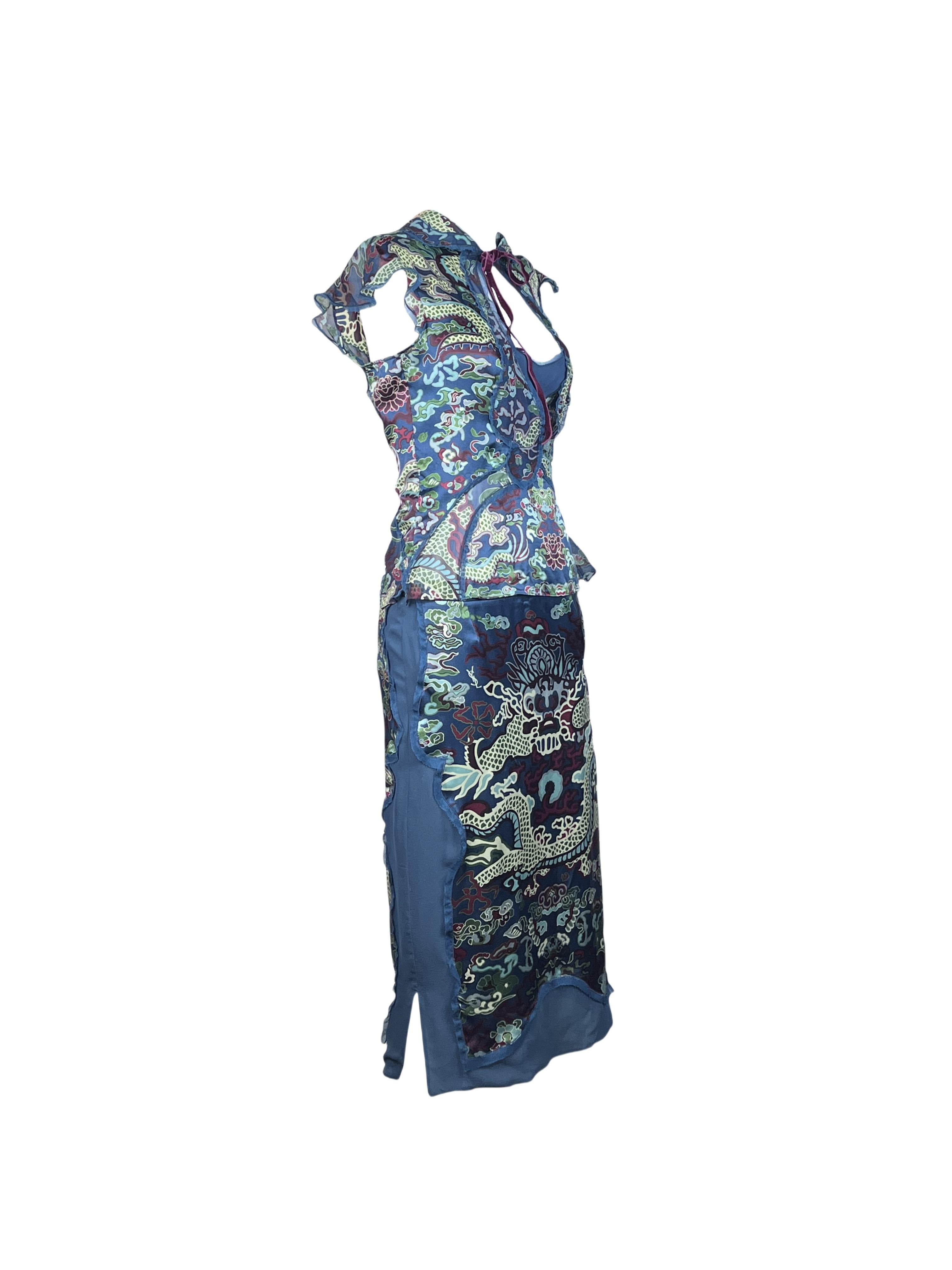 Ensemble jupe chinoise dragon teal YVES SAINT LAURENT By Tom Ford F/w 2004 Excellent état - En vente à 上海市, CN