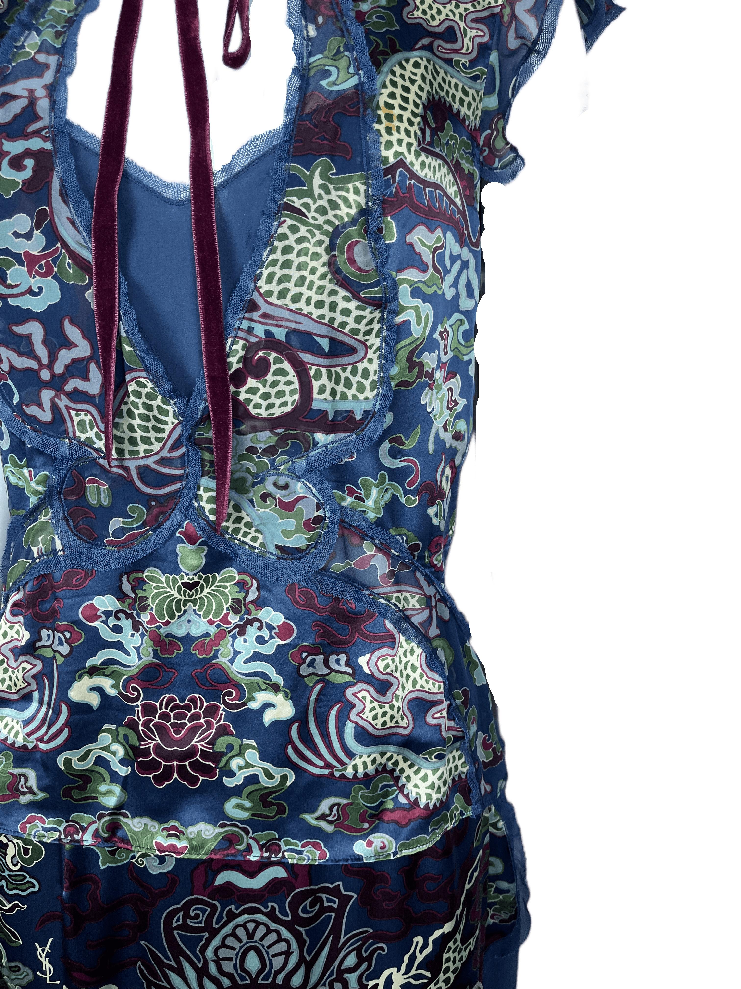 Ensemble jupe chinoise dragon teal YVES SAINT LAURENT By Tom Ford F/w 2004 en vente 3