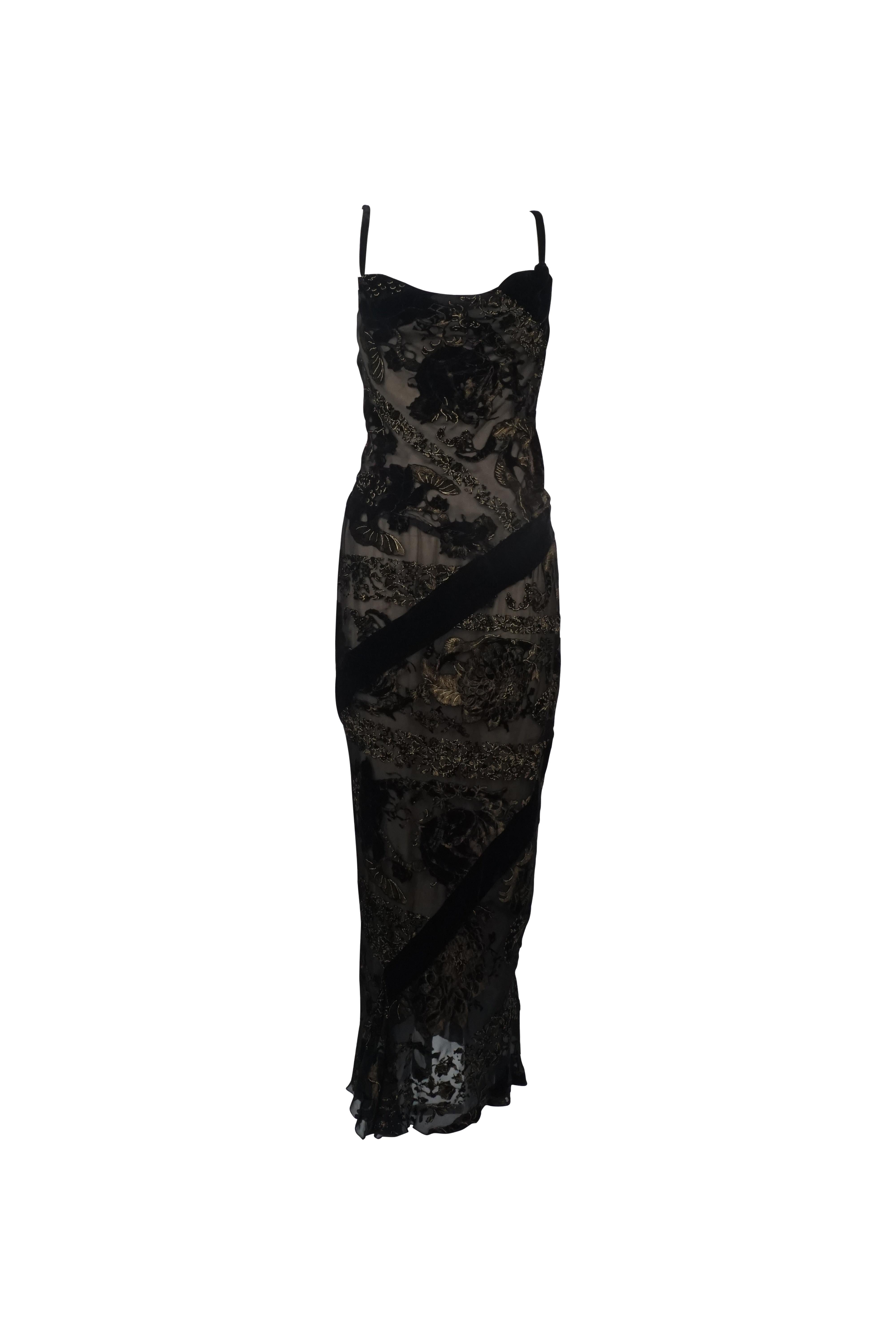 Noir ROBERTO Cavalli F/H 2006 - Robe longue à bretelles spaghetti en velours à motifs transparents en vente