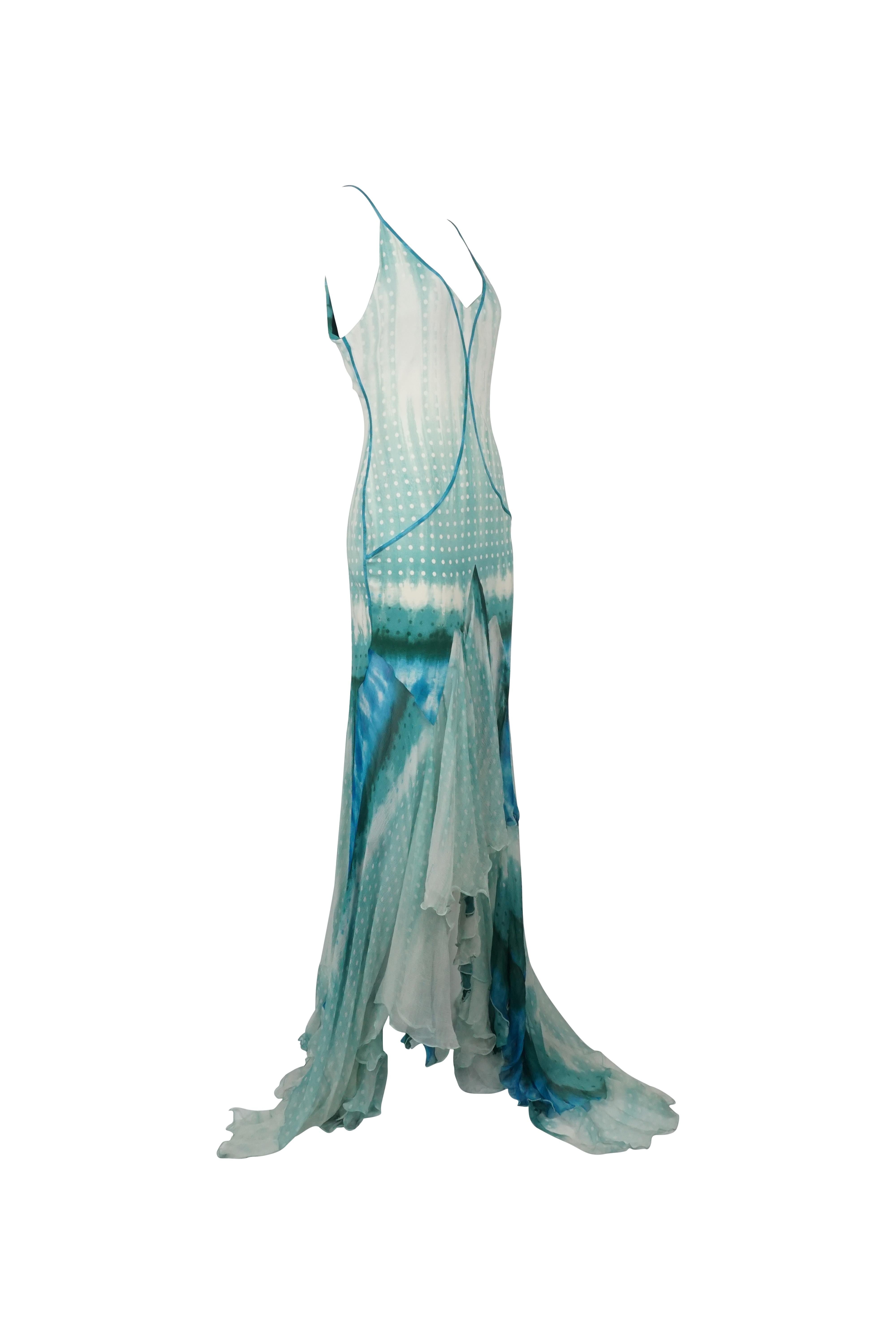 ROBERTO CAVALLI S/s 2005 Blaues fließendes Dip-Dye-Kleid, gesehen in der Campagne (Grau) im Angebot