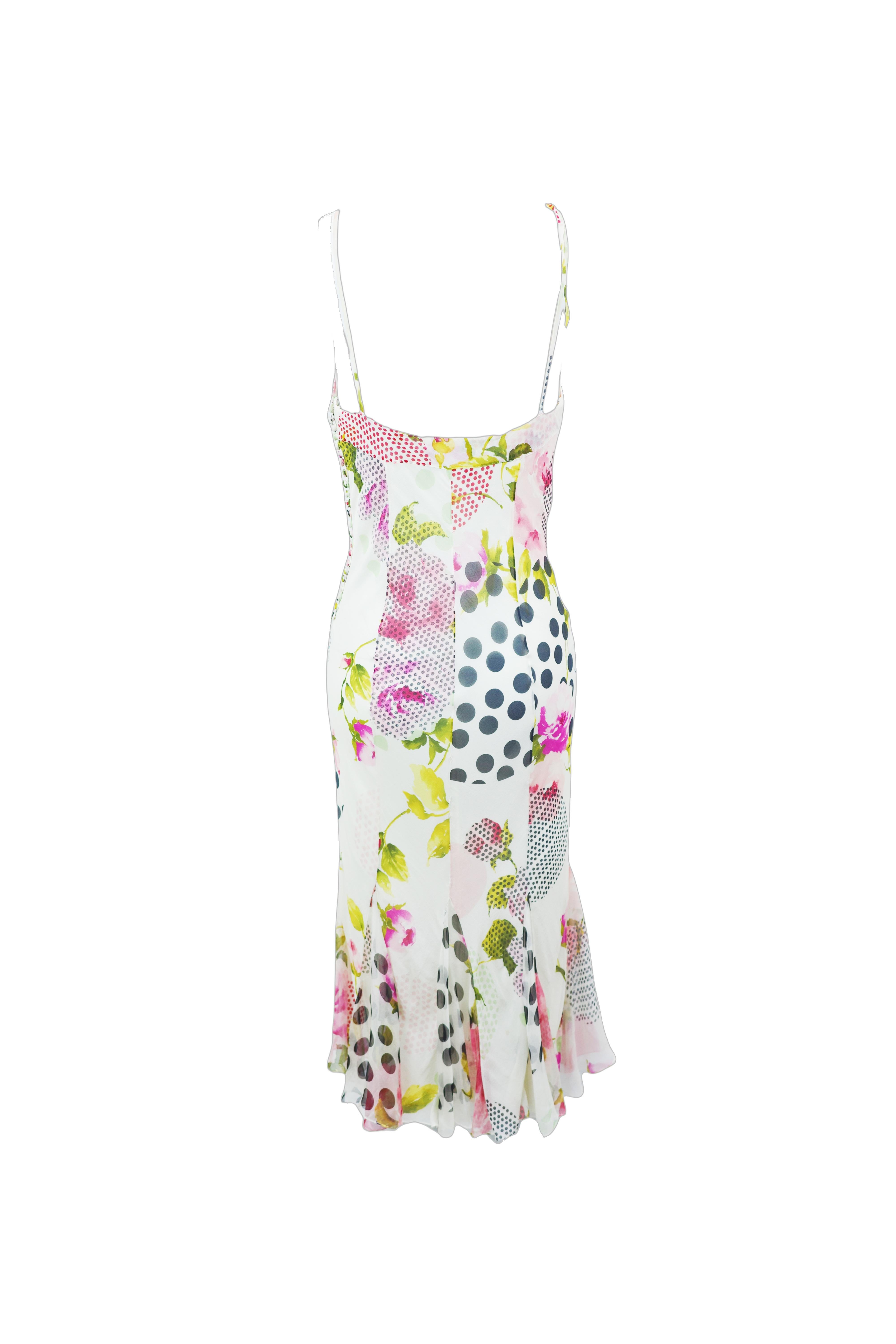 CHRISTIAN DIOR S/s 2004 Geblümtes und gepunktetes Midikleid mit Spaghetti-Trägern Damen im Angebot