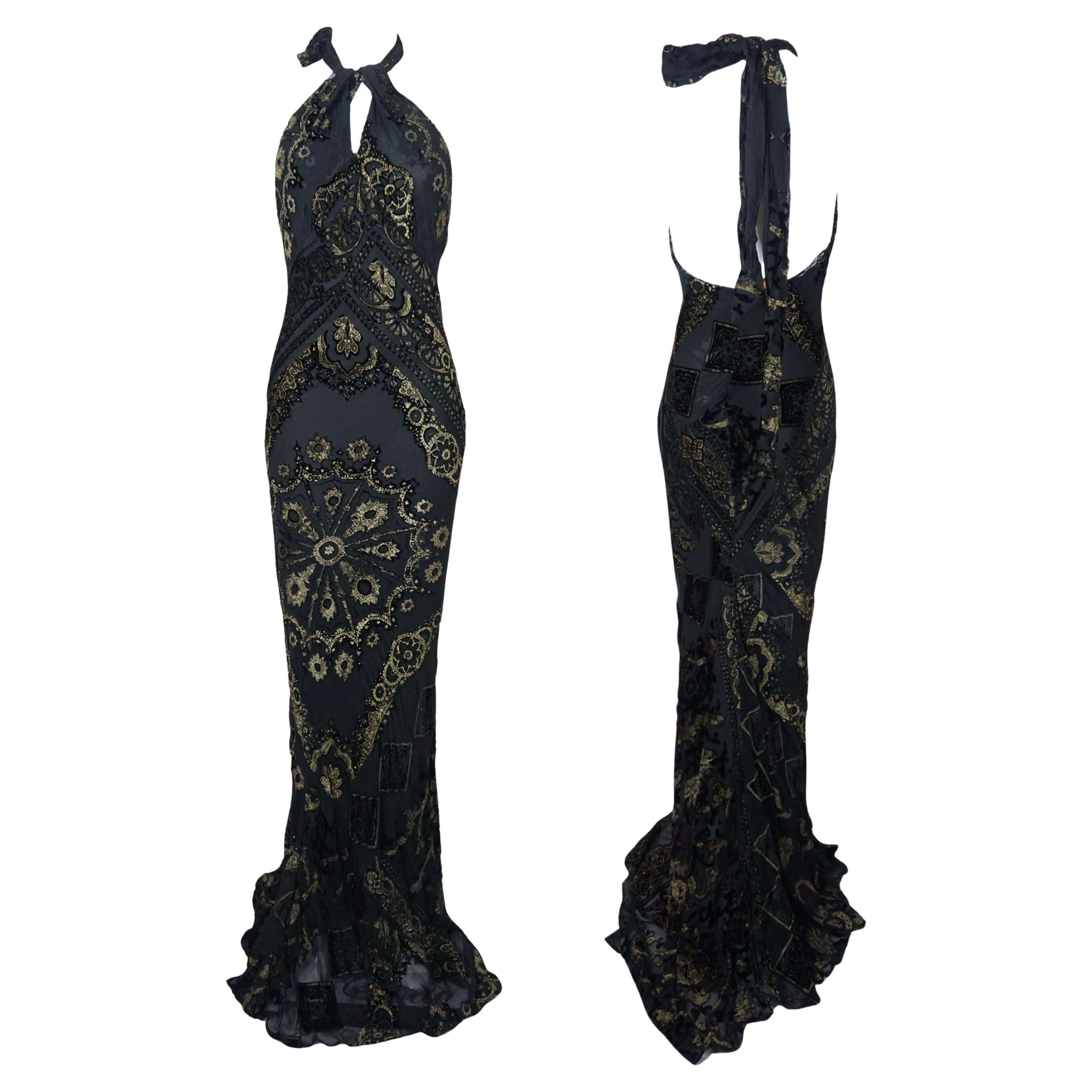 ROBERTO CAVALLI F/w 2004 Abito da Sera Barocco con Halter Nero e Oro Nuovo Con Etichetta
